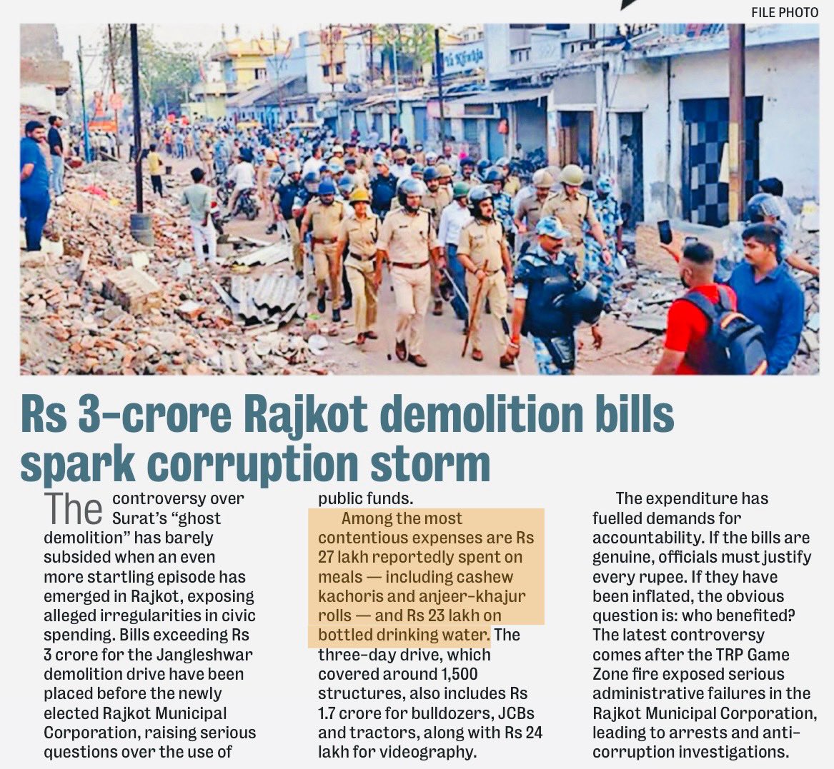 churumuri's tweet photo. Q: How much does it cost to undertake a 3-day demolish drive of 1,500 structures in India's most wondrous state?
A: Rs 3,00,00,000
🤮 Rs 27 lakh on meals (+kachoris+rolls)
🤮 Rs 23 lakh of bottled water
🤮 Rs 24 lakh for videography
🤮 Rs 1.7 crore for JCBs, tractors #GujaratModel