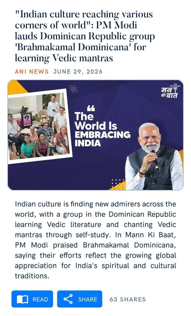 AkashAppi7's tweet photo. "Indian culture reaching various corners of world": PM Modi lauds Dominican Republic group 'Brahmakamal Dominicana' for learning Vedic mantras
https://t.co/35STlO58Bz

via NaMo App https://t.co/om8joEioDQ