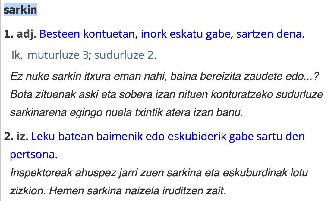 lexikoa82262's tweet photo. 𝗦𝗔𝗥𝗞𝗜𝗡:
1. Inork eskatu gabe, besteen gauzetan sartzen dena
2. Baimenik gabe, leku batean sartzen dena https://t.co/tNJoi9KSUF