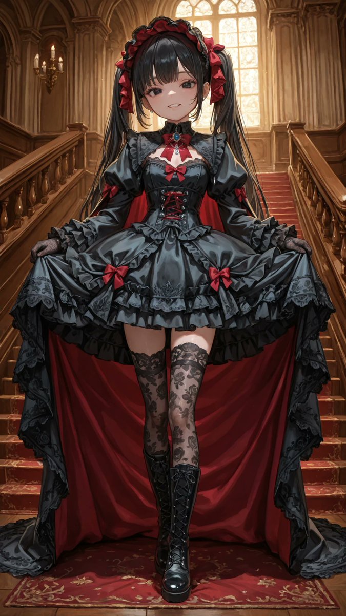 AliceLavli's tweet photo. ٩(*´︶`*)۶おはよ〜♬
マントを纏ったゴスロリの衣装プロンプトをどうぞ✨
gothic lolita dress, elegant gothic fashion, fitted corset bodice, high lace collar, ribbon neckline, layered black lace bodice, long puff sleeves with lace cuffs, fitted waist, layered bell-shaped skirt, multiple ruffled underskirts, luxurious lace trim, scalloped lace hem, satin ribbon details, decorative bows, embroidered floral lace, ornate gothic patterns, black and deep crimson color palette, silver cross ornaments, gemstone brooch, lace gloves, over-the-knee lace stockings, lace-up boots, long flowing hoodless cloak, dramatic shoulder cape, heavy velvet mantle, ornate embroidered cape lining, silver clasp at the neck, luxurious velvet fabric, elegant gothic atmosphere, aristocratic aesthetic, highly detailed