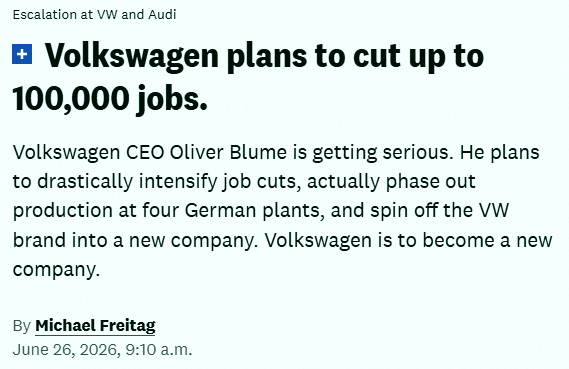 hi301010's tweet photo. Big news 🚨: Volkswagen is looking to slash up to 100,000 jobs 🤯 👀 https://t.co/ZSeyKQ11nz