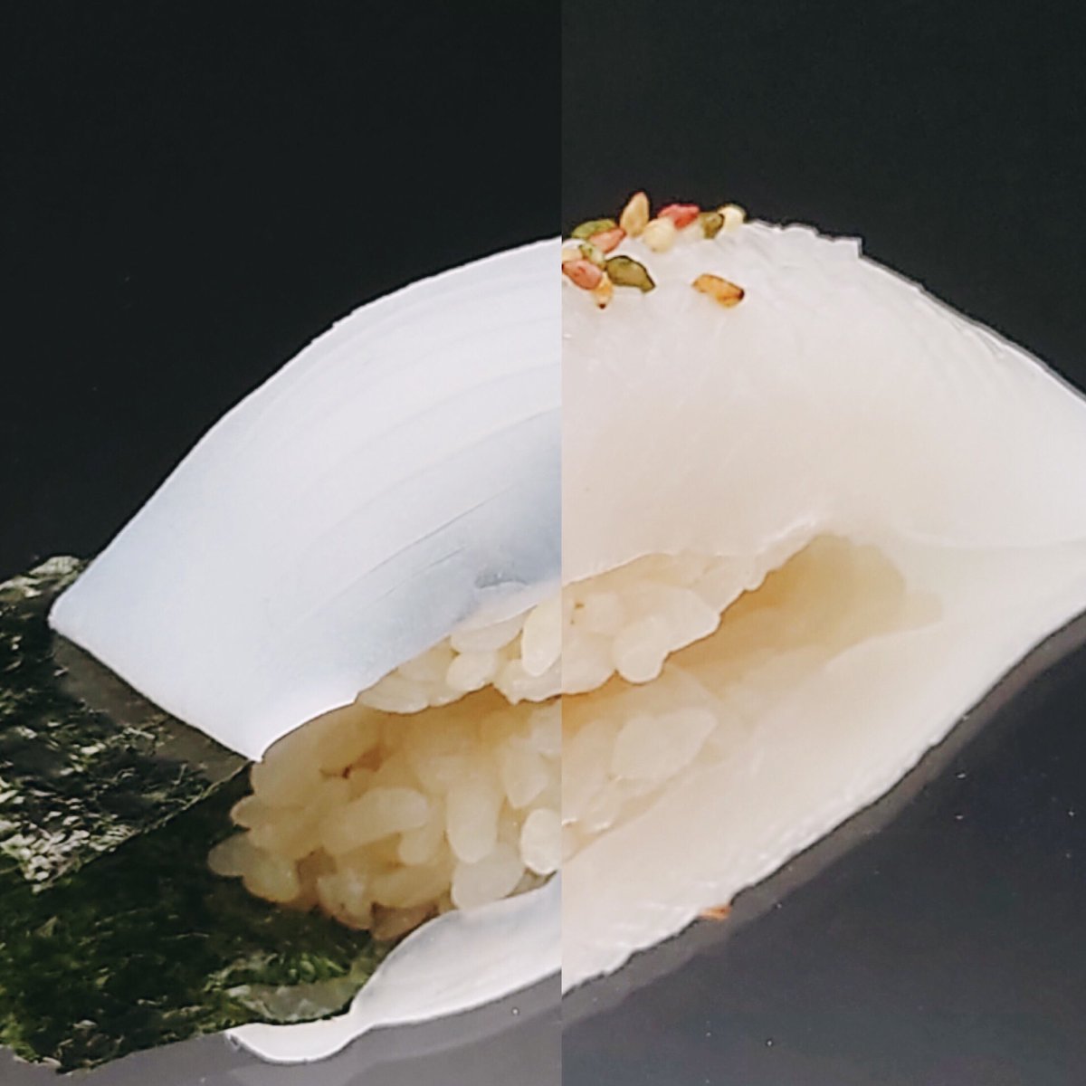 sushi_kinbee's tweet photo. 今週もよろしくお願いします！

『墨烏賊』の握り
海苔を挟んだ煮切り味と酢橘を振った藻塩味
どちらがお好み？？？
両方の味比べも楽しいですよ！

それでは68年目も皆さまのご来店・ご予約をお待ちしております！

#スミイカ #寿司處金兵衛 #江戸前寿司 https://t.co/b7UalRMSME