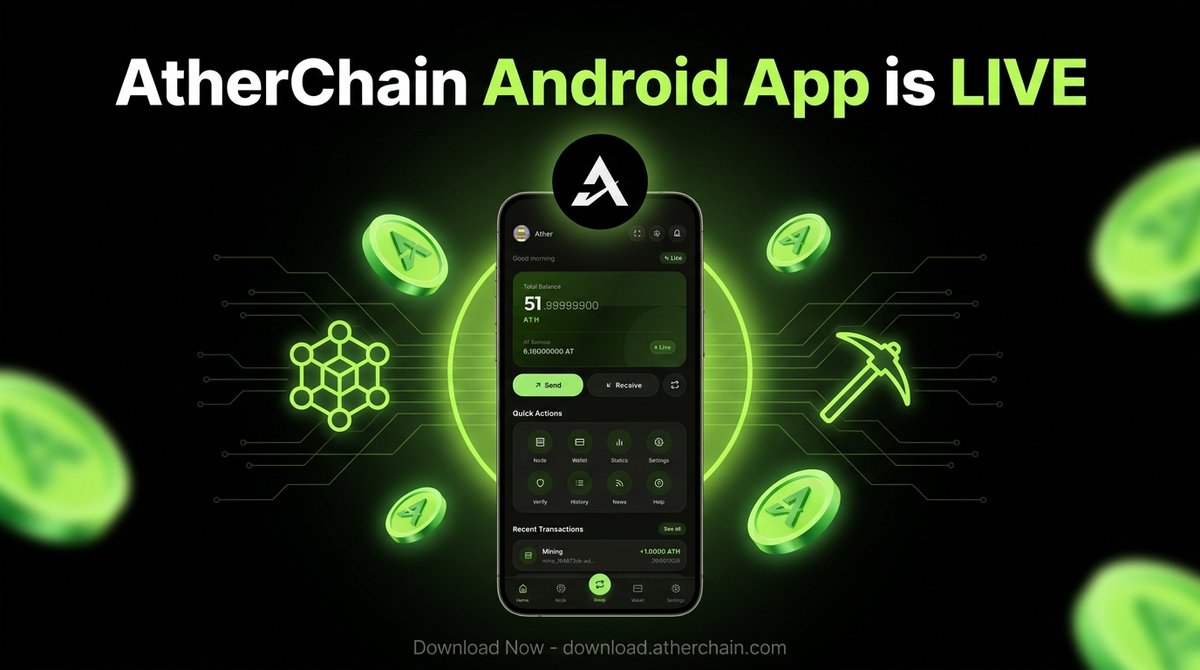 athchain's tweet photo. 🚀 BIG NEWS, AtherChain Miners! 🎉🔥
📢 The wait is finally over! We're thrilled to announce that the AtherChain Android App is officially LIVE! 📱

💡 Experience next-level crypto mining right from your phone — faster, smoother, and more powerful than ever.

✨ What you get:
📊 Real-time mining dashboard
💸 Instant Send & Receive
🔐 Secure wallet & node tracking

📥 Download Now: https://t.co/tDrXJpXQVJ
🌐 Stay connected, start mining, and join the future of decentralized earning.
🙏 Thank you for being part of the growing AtherChain community!
🤖 Available now for Android — 🍏 iOS coming soon!

Note : Must Allow Notification 

#AtherChain #CryptoMining #AndroidApp #Blockchain #Crypto #MiningApp #ATH #Web3 #CryptoCommunity #Cryptocurrency #DeFi #MobileMining #CryptoNews #BlockchainTechnology #EarnCrypto #CryptoLaunch #DigitalCurrency #PassiveIncome #CryptoWallet #AtherChainApp