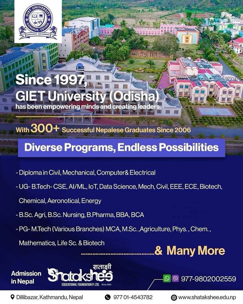Umesh_SEF's tweet photo. 🎓 Your Dream Degree Begins at GIET University, Odisha! 🇮🇳

Join 300+ successful Nepalese graduates and choose from 50+ career-focused programs designed for your future.
✨ Dream Big. Decide Today. Succeed Tomorrow.
Admissions Open 
📲 9802002559 | 9851002559
☎️ 01-4543782 https://t.co/99Y09nejXl
