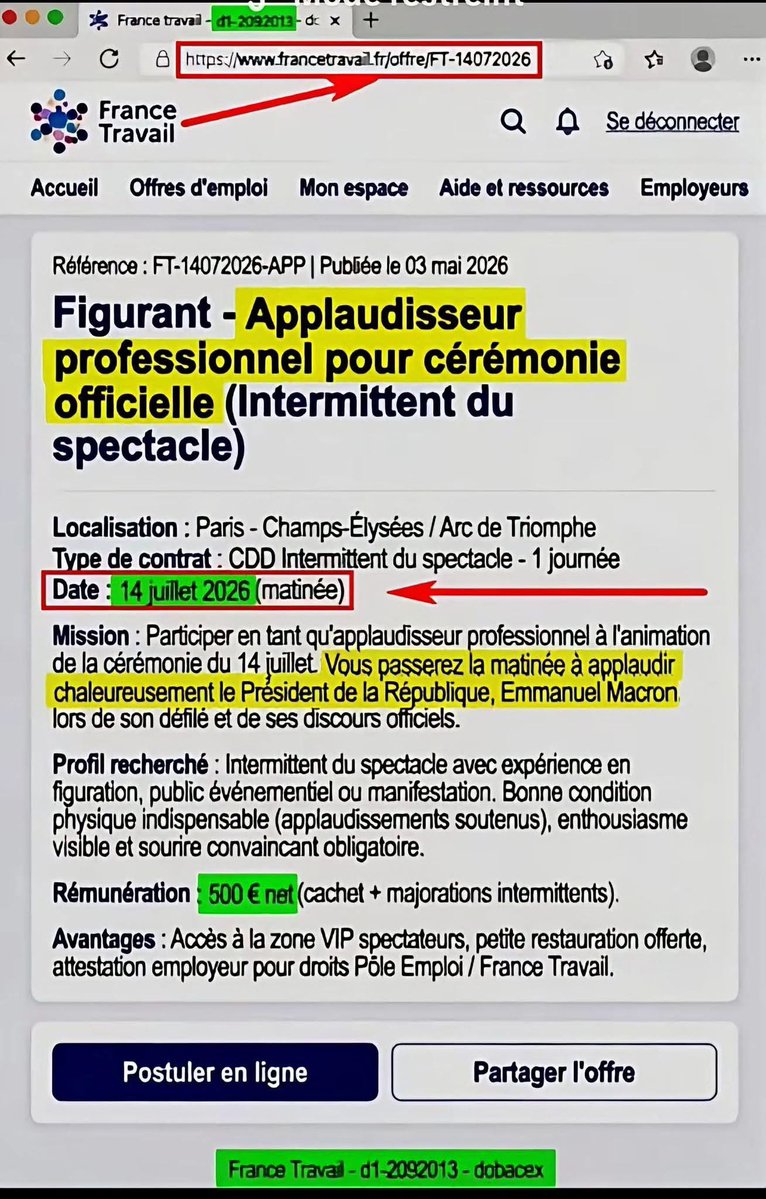 platinium230's tweet photo. Tellement que Macron est détesté et malgré cela fait croire qu’il est adulé ,ce qui s’appelle de la propagande ,France travail spectacle recherche des figurants applaudisseurs professionnelles pour applaudir chaleureusement le président!
Voilà voilà!🤮🤮🤮 https://t.co/mIDazNQWNp