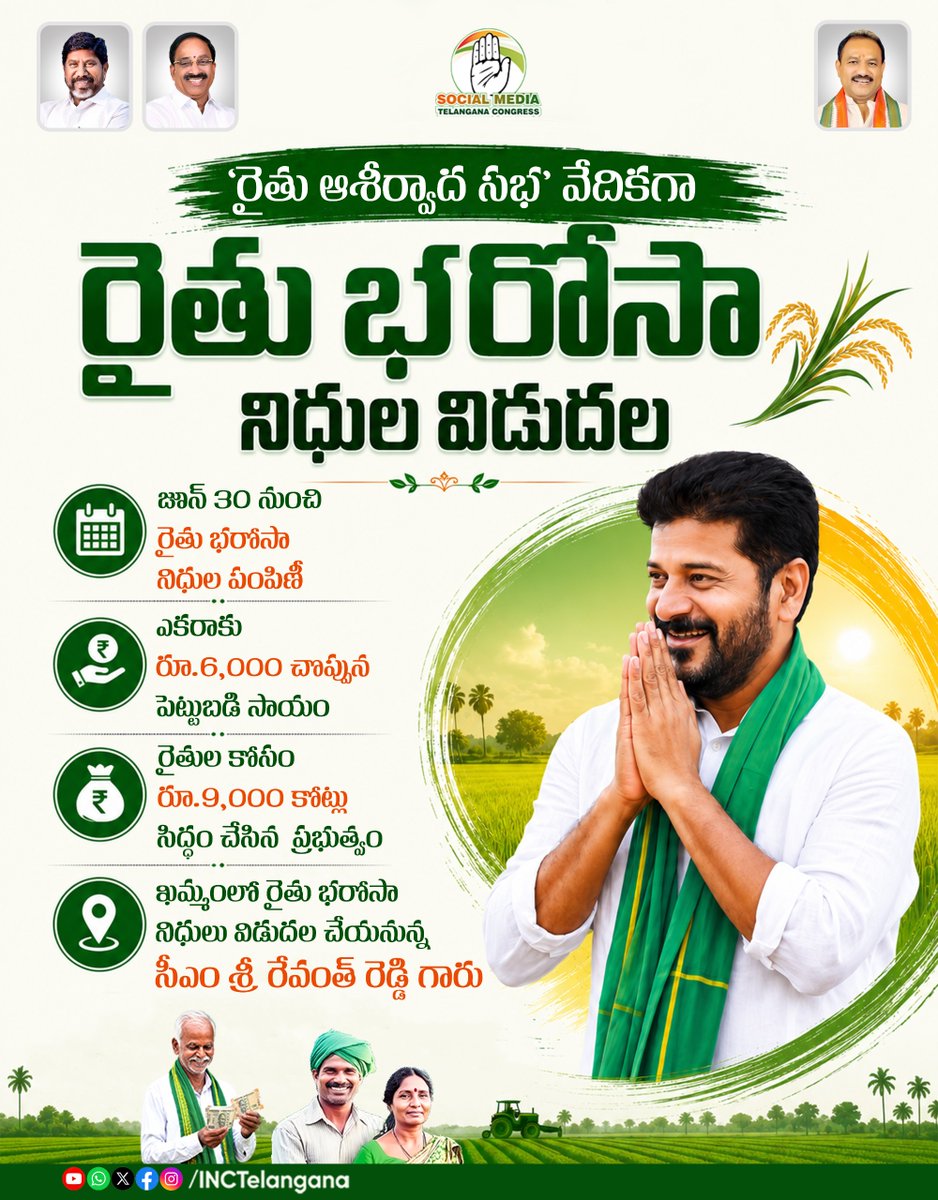 INCTelangana's tweet photo. 'రైతు ఆశీర్వాద సభ' వేదికగా రైతు భరోసా నిధుల విడుదల 

జూన్ 30 నుంచి రైతు భరోసా నిధుల పంపిణీ

ఎకరాకు రూ.6,000 చొప్పున పెట్టుబడి సాయం

రైతుల కోసం రూ.9,000 కోట్లు సిద్ధం చేసిన  ప్రభుత్వం 

ఖమ్మంలో రైతు భరోసా నిధులు విడుదల చేయనున్న 
సీఎం శ్రీ రేవంత్ రెడ్డి గారు
@revanth_anumula 
#RythuBharosa 
#khammampublicmeeting 
#telanganafarmers 
#InvestmentSupport 
#PrajaPrabhutvam 
#TelanganaCongress 
#ManaTelangana 
#TelanganaUpdates 
#agriculturetelangana
#LatestNews
#TelanganaGovernment