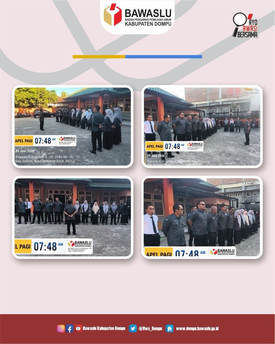 Bws_Dompu's tweet photo. SahabatBawaslu,Bawaslu Kabupaten Dompu kembali melaksanakan rutinitas Apel Pagi di lingkungan kantor Bawaslu Kabupaten Dompu pada Senin (29/06/2026). https://t.co/kv0emEOmDJ