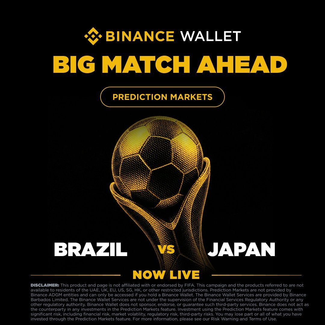 BinanceWallet's tweet photo. ⚽ Brazil vs Japan — the prediction market is now live on Binance Wallet!

Five-star Brazil clashes with the Blue Samurai of Asia!

Analyze the match, assess the market, and trade your views.

Join 2026 Binance Wallet Football Trading Cup - PNL Trading Campaign and share a 300,000 USDT prize pool⬇️
https://t.co/sSsDpvhOOT