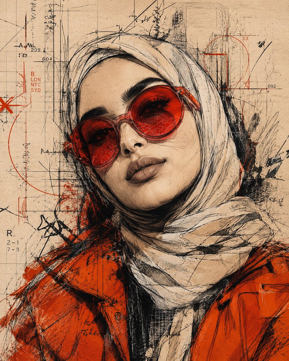 MishariMB's tweet photo. تبون چذي ؟؟؟
- حطوا صوركم بـChatGPT
- حطوا هالـPrompt: 

Create a bold, expressive mixed-media portrait using the face reference from the uploaded photo (make the face 99.99% identical to the reference). The portrait should be a close-up headshot, front-facing, with a slightly upward chin tilt to convey confidence, attitude, and artistic intensity. Style: gritty hand-sketched, graffiti-meets-urban-journal aesthetic, combining chaotic pencil sketch lines, vector-inspired technical scribbles, and bold brush strokes. The subject wears red translucent oversized round sunglasses with intense reflections and abstract shading, plus orange-red clothing or jacket for strong contrast against dark tones.
Background: beige/sepia paper texture, layered with architectural grid lines, red geometric circles, intersecting sketch lines, technical diagrams, and abstract scribbles, evoking a street-art sketchbook look.
Lighting: high contrast,emphasizing shadows on the cheekbones, jawline, and neck, creating a dramatic and dominant facial structure. Shading style: hand-drawn, raw, and gritty, inked outlines, deep black shadows, graphite/charcoal scribbles, and smudged textures. Add dynamic energy: abstract lines and sketch strokes extending from the hair and face edges into the background, giving motion and chaos. Include noise, smudges, and digital grain for a tactile, scanned physical art feel, like a street-art collage or sketchbook poster.
Expression: neutral but confident, calm strength and stylish boldness, no smile. Composition: centered, from chest level up (shoulders slightly visible), with head dominating the frame.
The final artwork should feel like a modern street-art poster meets fine-art pencil sketch portrait, energetic, rebellious, and artistic.
Use the uploaded face photo as the facial reference, keeping skin tone, facial features, and hair texture identical, only stylized through the described techniques. Include pencil sketch effects.