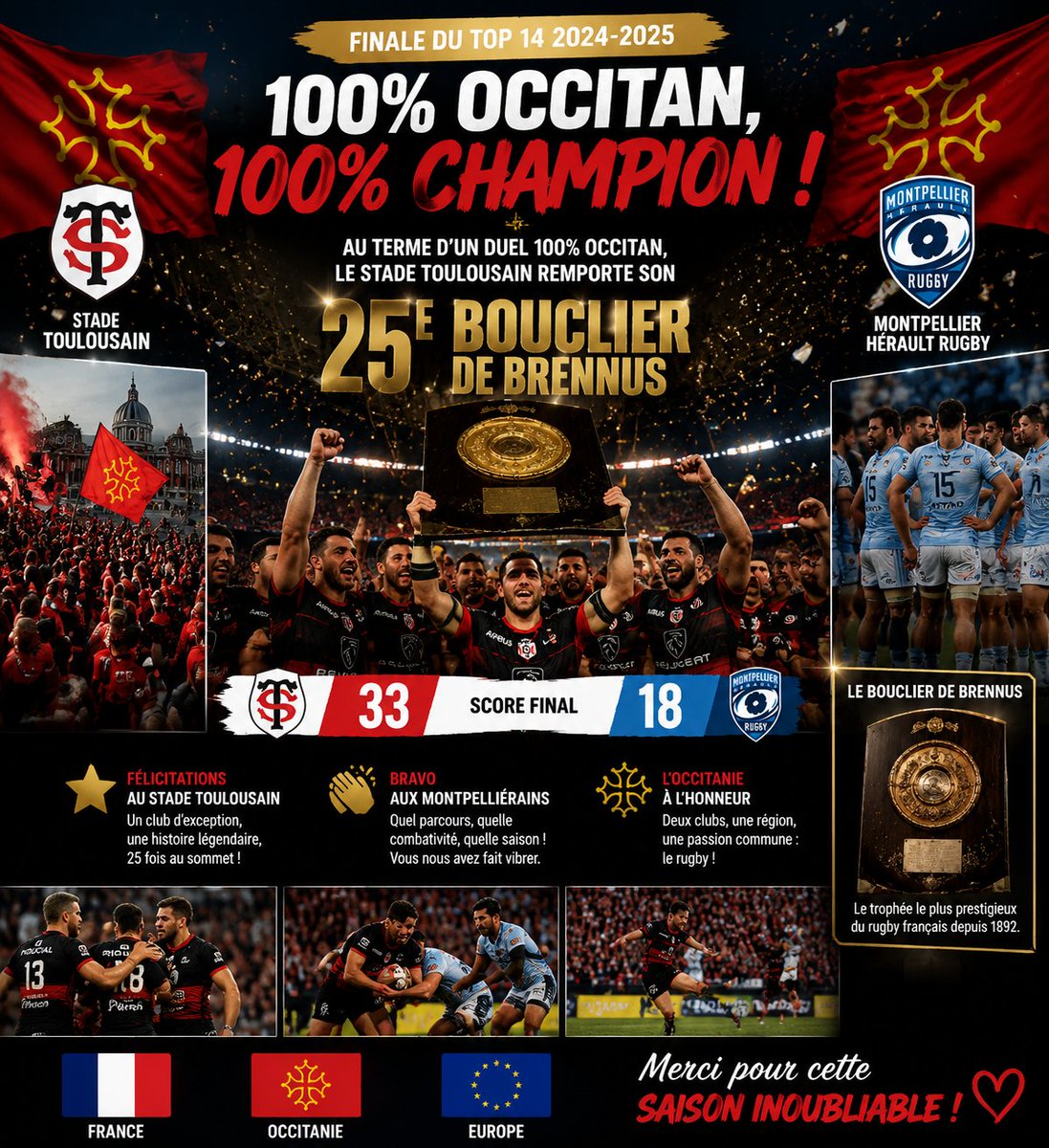SamBostnwave's tweet photo. Un véritable duel occitan : intensité, fierté et rugby de haute volée du début à la fin. Toulouse sait s’imposer sur la plus grande scène. #Top14 #Rugby #StadeToulousain
https://t.co/z8hIRL0f2n https://t.co/ivswr94A1L