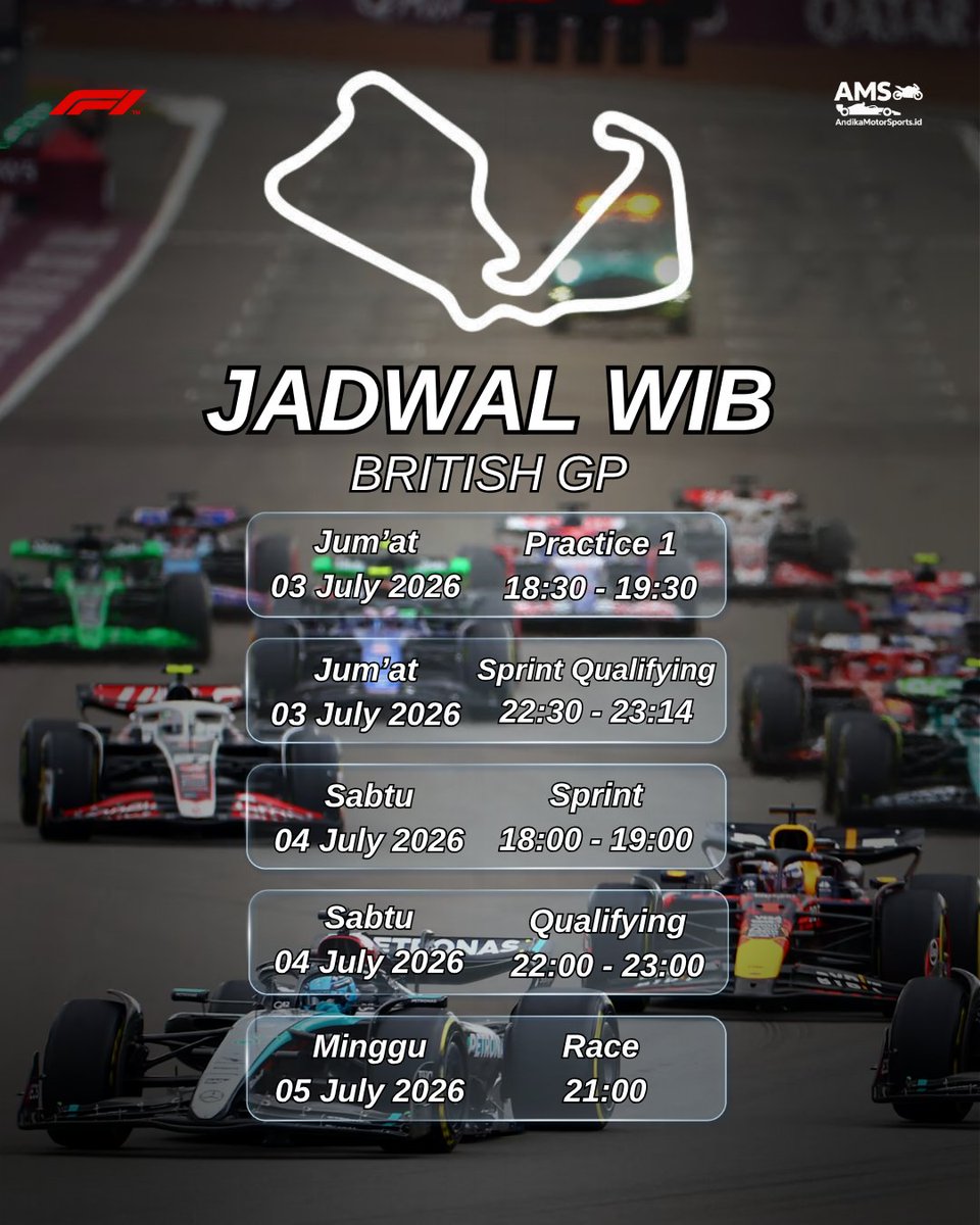 AndikaMS_id's tweet photo. RACE WEEK SILVERSTONE !

F1 langsung bergeser ke GP Inggris akhir pekan ini! Siap-siap saksiin format Sprint yang bakal bikin persaingan makin panas. Catat jadwal lengkap sesinya (WIB, WITA, WIT) pada gambar di bawah ya! Jangan sampai kelewatan.

#F12026 #BritishGP #RaceWeek #AMS https://t.co/mp2kfJR6IW