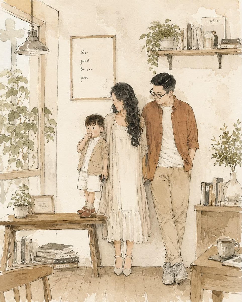 iamsofiaijaz's tweet photo. Create a delicate contemporary Japanese lifestyle illustration with a cozy slice-of-life atmosphere.

ART STYLE
Hand-drawn pen-and-ink sketch illustration, thin expressive linework, loose imperfect contours, minimalist editorial artwork, soft watercolor washes, subtle paper texture, elegant negative space, sketchbook aesthetic, modern Japanese indie illustration, light and airy composition, contemporary café-art style, emotionally warm and intimate.

CHARACTERS
Two young adults with soft, simplified facial features and natural expressions. Casual oversized clothing, relaxed body language, authentic interaction, candid everyday moment. Faces are minimally rendered with delicate linework rather than detailed realism.

ENVIRONMENT
A cozy indoor setting such as a café, coffee shop, apartment, studio, bookstore, kitchen corner, or creative workspace. Include wooden furniture, coffee mugs, indoor plants, shelves, books, windows, soft decorative details, and small everyday objects. The environment should feel lived-in yet uncluttered.

COMPOSITION
Full-body or three-quarter-body view. Characters seated naturally and facing one another. Balanced asymmetrical layout. Large areas of clean negative space. Storytelling through posture and atmosphere rather than action. Editorial illustration framing. Eye-level perspective.

COLOR PALETTE
Muted and desaturated colors only:
• Dusty blue
• Warm cream
• Soft beige
• Light gray
• Sage green
• Warm brown
• Off-white

Add only one small accent color element such as red socks, red shoes, a red mug, or a small red object.

LIGHTING
Soft natural daylight entering through windows. Gentle ambient illumination. No dramatic shadows. Warm, peaceful, calming mood.

RENDERING
Minimal shading. Sparse details. Watercolor-style color fills inside delicate ink outlines. Slightly unfinished sketch quality. High-quality illustration with visible hand-drawn imperfections. Soft edges and subtle texture.

MOOD
Comfortable, quiet, nostalgic, peaceful, intimate, cozy, everyday happiness, slow living, café culture, thoughtful conversation, gentle human connection.

AVOID
Anime screenshots, manga panels, cel shading, digital painting, hyperrealism, photorealism, 3D rendering, glossy surfaces, vibrant saturated colors, cinematic effects, dramatic lighting, excessive details, sharp outlines, heavy shadows, complex backgrounds.

SCENE:
[Scene Description]

The final image should feel like a premium Japanese lifestyle illustration found in an art book, café magazine, design journal, or independent sketchbook collection.