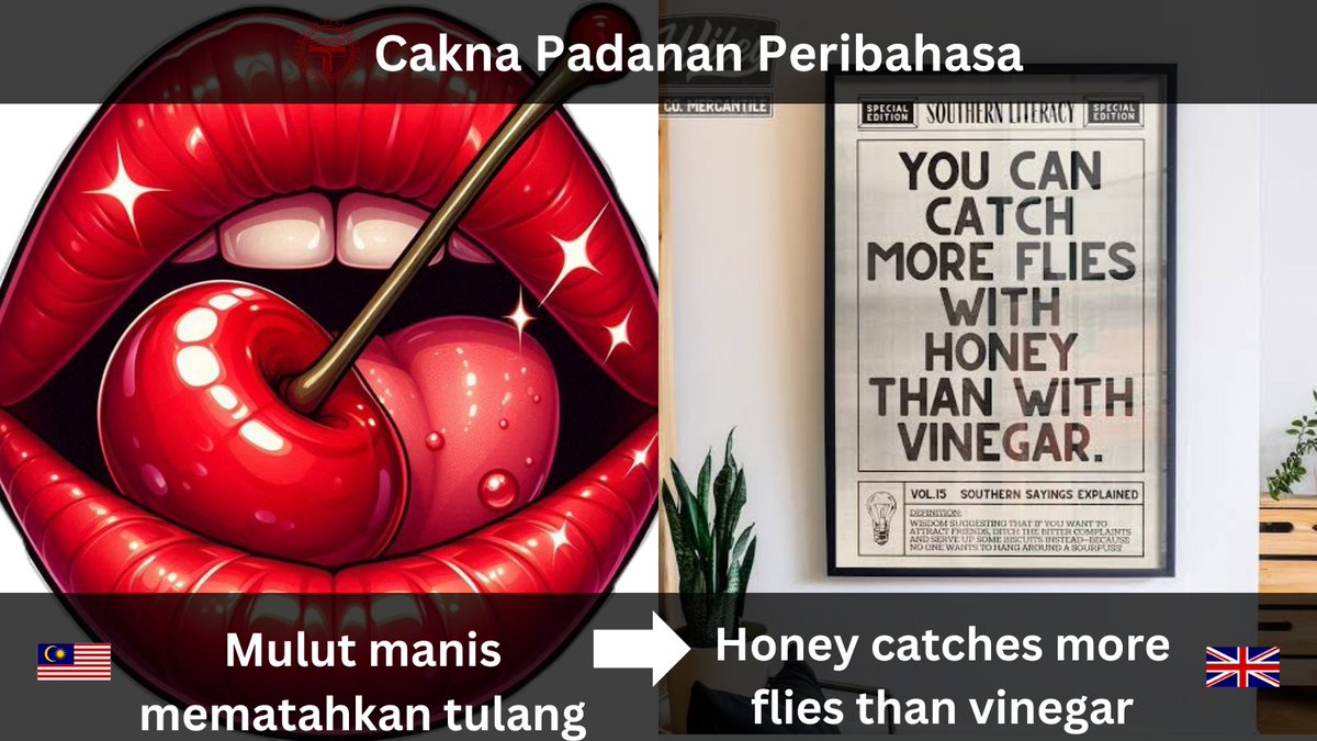 PPM_MTA's tweet photo. CAKNA PADANAN PERIBAHASA
🇲🇾 BM: Mulut manis mematahkan tulang
🇬🇧 BI: Honey catches more flies than vinegar

Makna:
Untuk menangani kerenah manusia, cara yang lembut atau berbuat baik lebih berkesan daripada cara yang kasar. (Peribahasa ini kadang kala digunakan untuk menyarankan supaya seseorang itu mengampu)