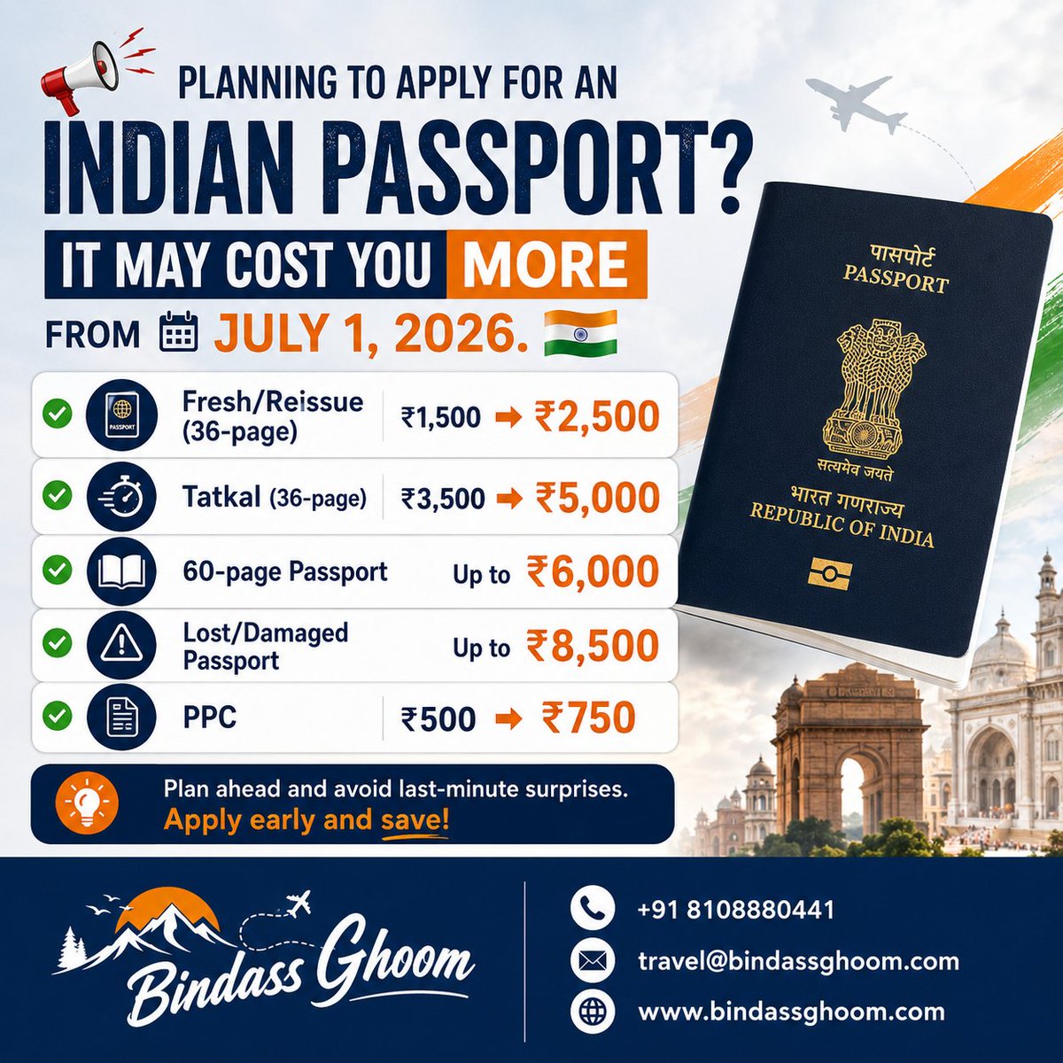 bindass_ghoom's tweet photo. 📢 Indian passport fees may increase from 1st July 2026! 🇮🇳✈️

Planning an international trip? Apply early and save money before the new rates come into effect.

Need passport assistance? Contact us:

📞 +91 8108880441
📧 travel@bindassghoom.com
🌐 https://t.co/Tz4olHbnNK https://t.co/o903uAycDz