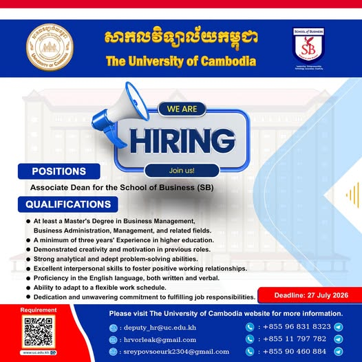 UCCambodia2003's tweet photo. Job Announcement
School of Business at The University of Cambodia (UC) is seeking qualified and motivated candidates to join our academic leadership team as Associate Dean for the School of Business (SB).
>>https://t.co/rTVwB0BV19 https://t.co/qlbQPraUGj