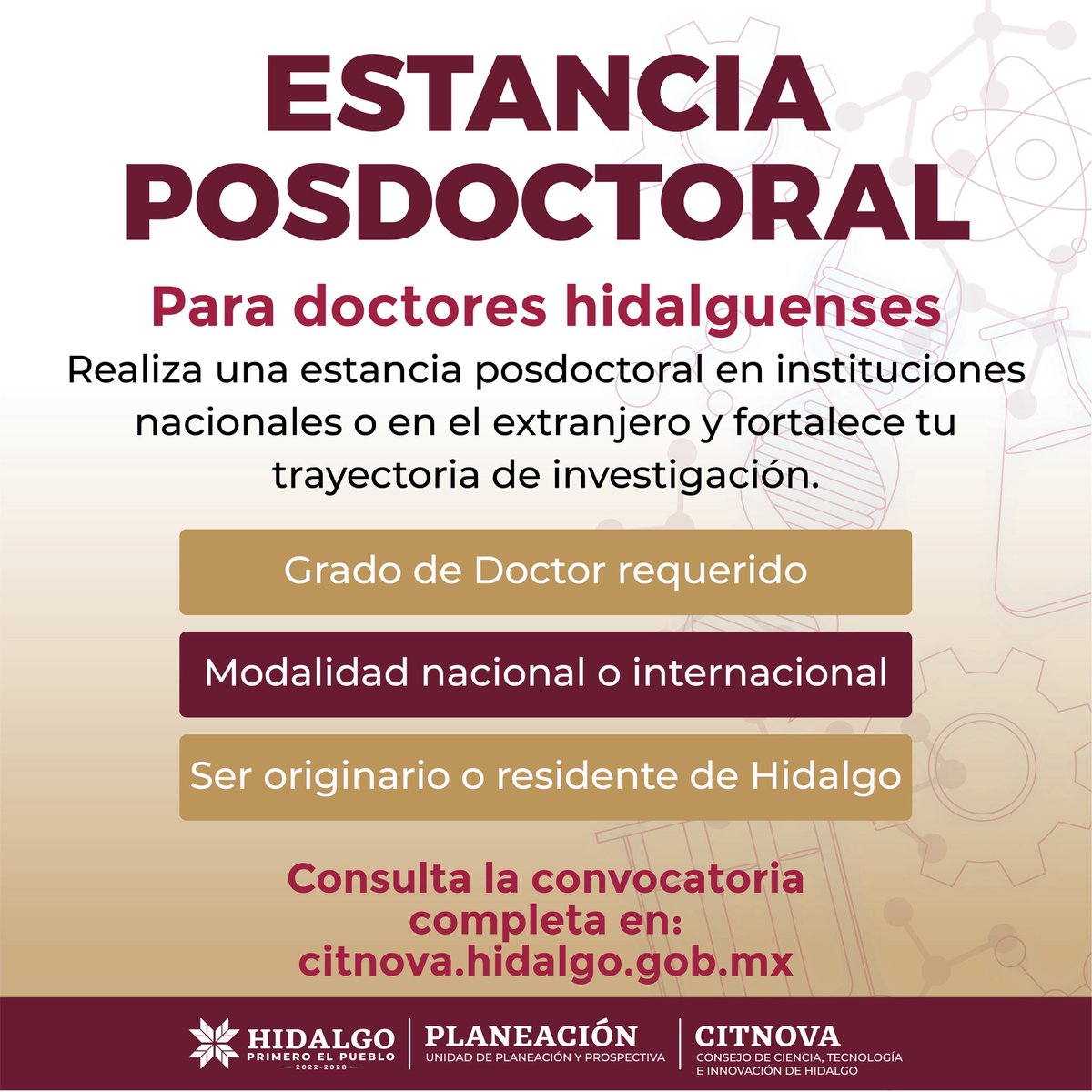 puntoporpuntomx's tweet photo. ⭕️| 📚 ¡Últimos días!
El gobierno de Hidalgo, a través del #CITNOVA, otorga Becas de Estancia Posdoctoral para fortalecer a la comunidad científica de Hidalgo.
Registro hasta el 25 de junio del 2026. Consulta las bases para participar en el link oficial: 🔗 https://t.co/2ZXiVsdLwF