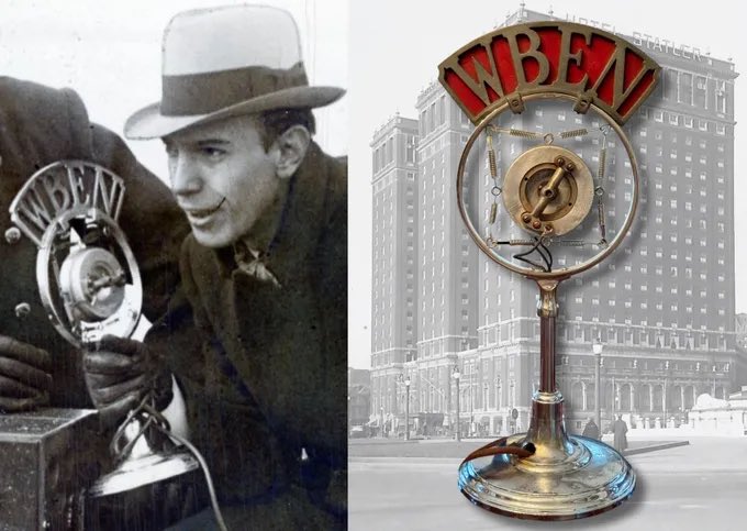 BuffaloRadioTV's tweet photo. From The Archives: WBEN Radio Call Letter Nameplate &amp; Carbon "Button" Microphone, 600-A Western Electric, circa 1932 https://t.co/89vuFIUon5