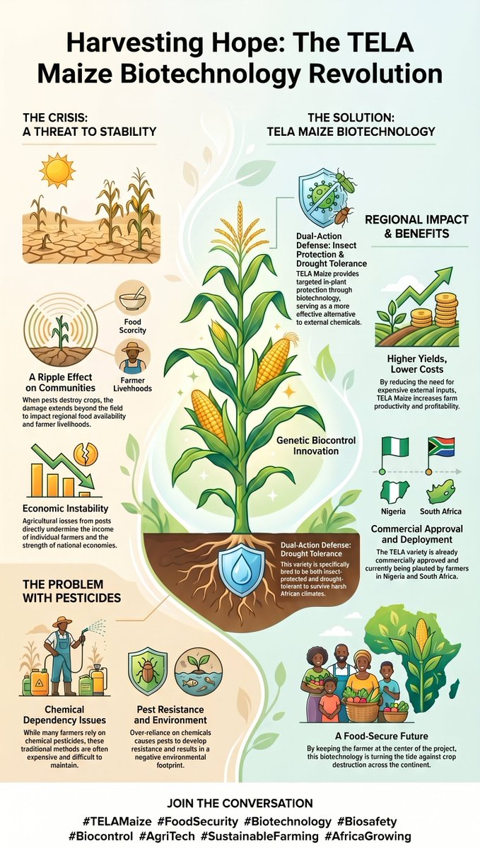 AfricaGeneBio's tweet photo. This is how biotechnology is protecting African harvests:
· In-Plant Protection (insect-protected and drought-tolerant).
· Better Yields, Lower Costs.
· Proven Results.

#TELAMaize #FoodSecurity #Biotechnology #Biosafety #Biocontrol #AgriTech #SustainableFarming #AfricaGrowing https://t.co/VRDYINIvjY