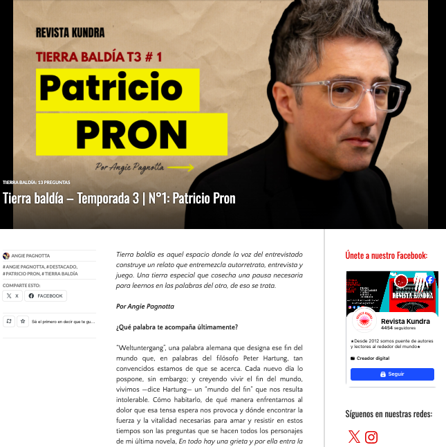 Patricio_Pron's tweet photo. Angie Pagnotta me preguntó sobre miedos, recuerdos involuntarios, conversaciones, hábitos y descubrimientos tardíos. Y esas preguntas, tan poco habituales, suscitaron respuestas que también lo son. No sé si todo esto no es desnudarse demasiado, pero...

https://t.co/b2sHKbM7eK https://t.co/rZAtC39uxX