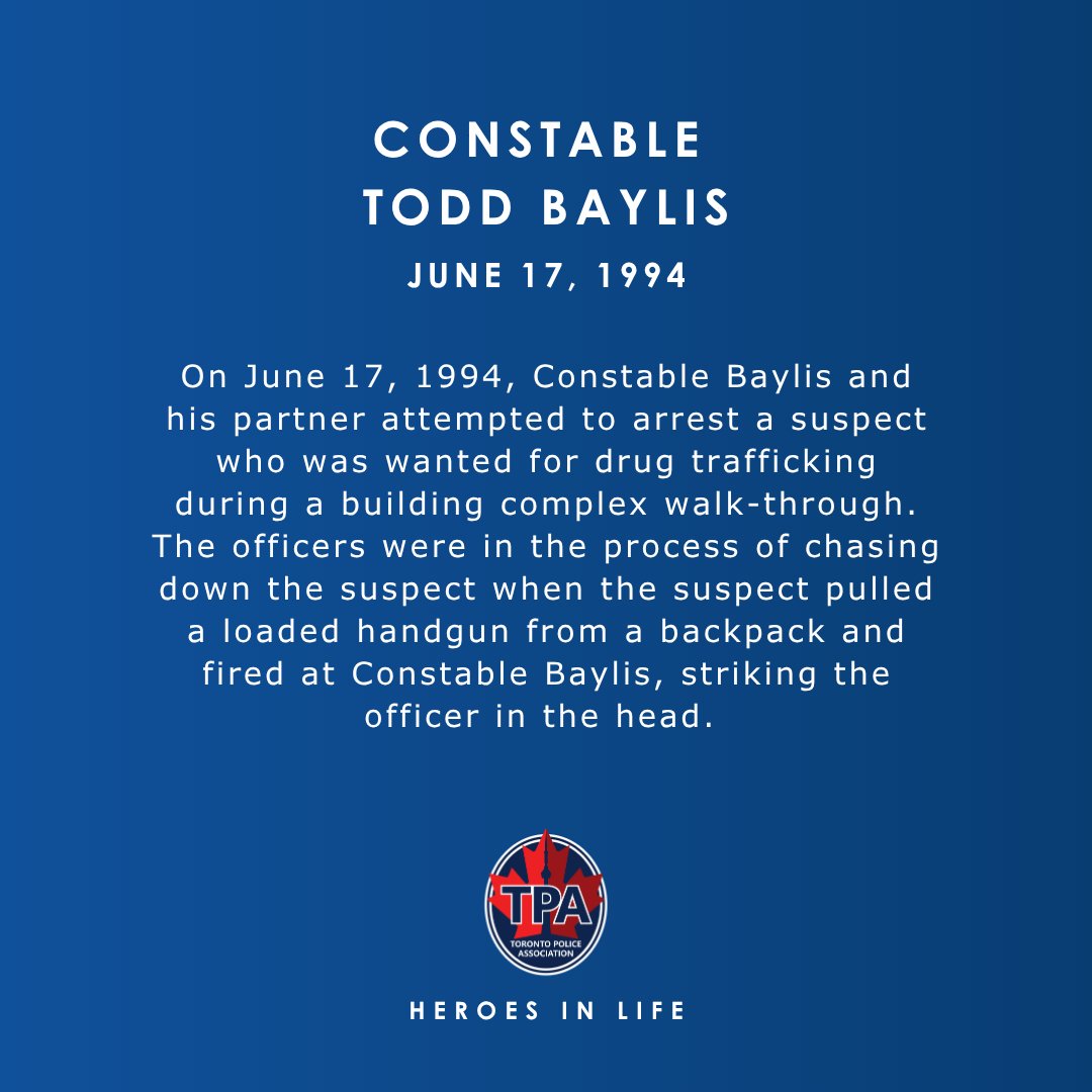 TPAca's tweet photo. Remembering Constable Todd Baylis, who lost his life in the line of duty on June 17, 1994, after being shot while chasing down a suspect. Sadly missed and never forgotten.

#HeroesInLife #NeverForgotten https://t.co/ocMTDZHfri