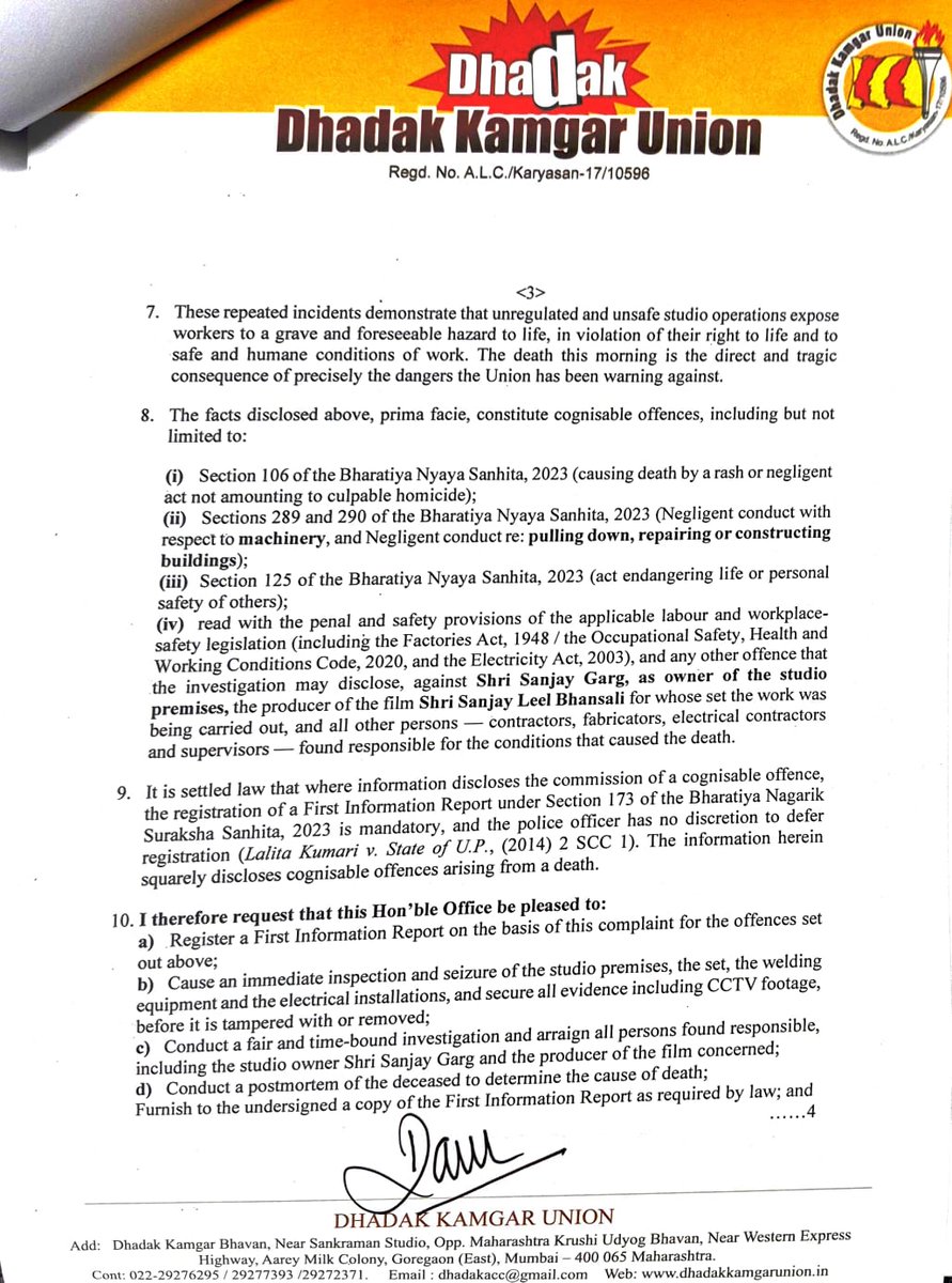 DhadakUnion's tweet photo. No film is worth a human life. Demanding a thorough investigation into the electrocution death of a backstage welder in Aarey.
#WorkerSafety #FilmSet #LabourRights #Justice #SafetyFirst #WorkplaceAccident https://t.co/0XtiQZ8gcn