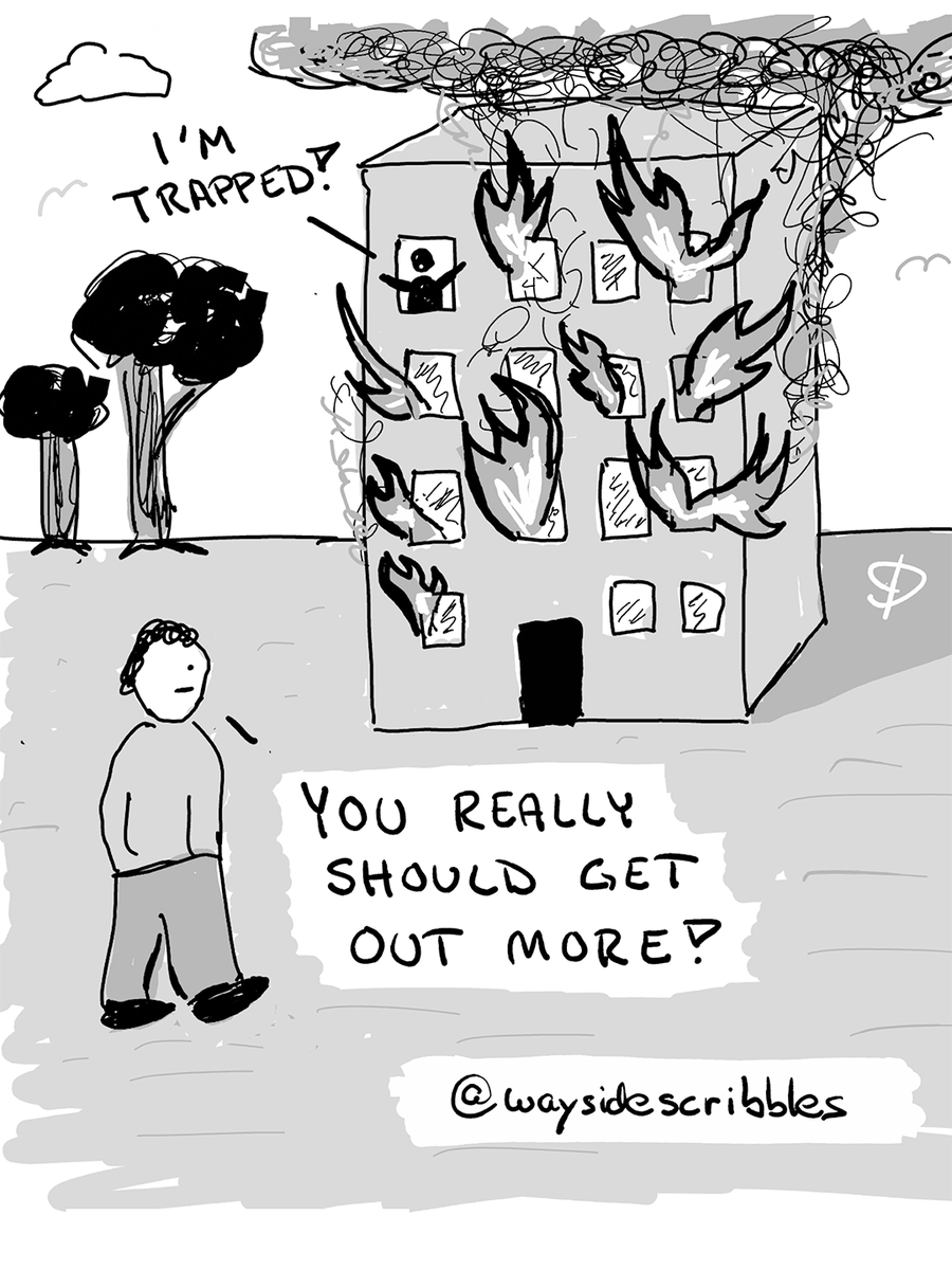 waysidescribble's tweet photo. – I'm trapped!
– You really should get out more!

#longcovid #postcovid #ableism #accessibility #satire https://t.co/FknsHLOCuc