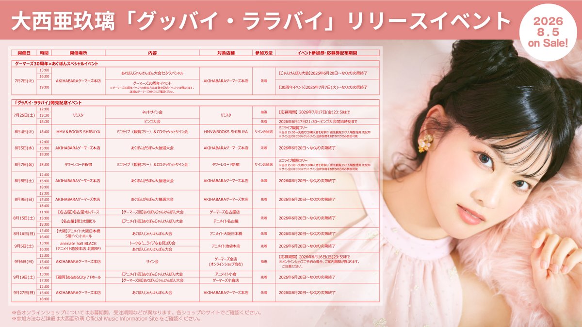 staff_aguri's tweet photo. 2026/8/5（水）発売💿✨
#大西亜玖璃 9th シングル
「グッバイ・ララバイ」

／

🩷ジャケット写真
🩷発売記念イベント情報
を解禁しました！

＼

TVアニメ 「 #ブチ切れ令嬢 は報復を誓いました。 ～魔導書の力で祖国を叩き潰します〜」EDテーマ🐈‍⬛ 

✓詳細
https://t.co/NmJltBcM2Z

#あぐぽん9th https://t.co/r3DBgStZbl