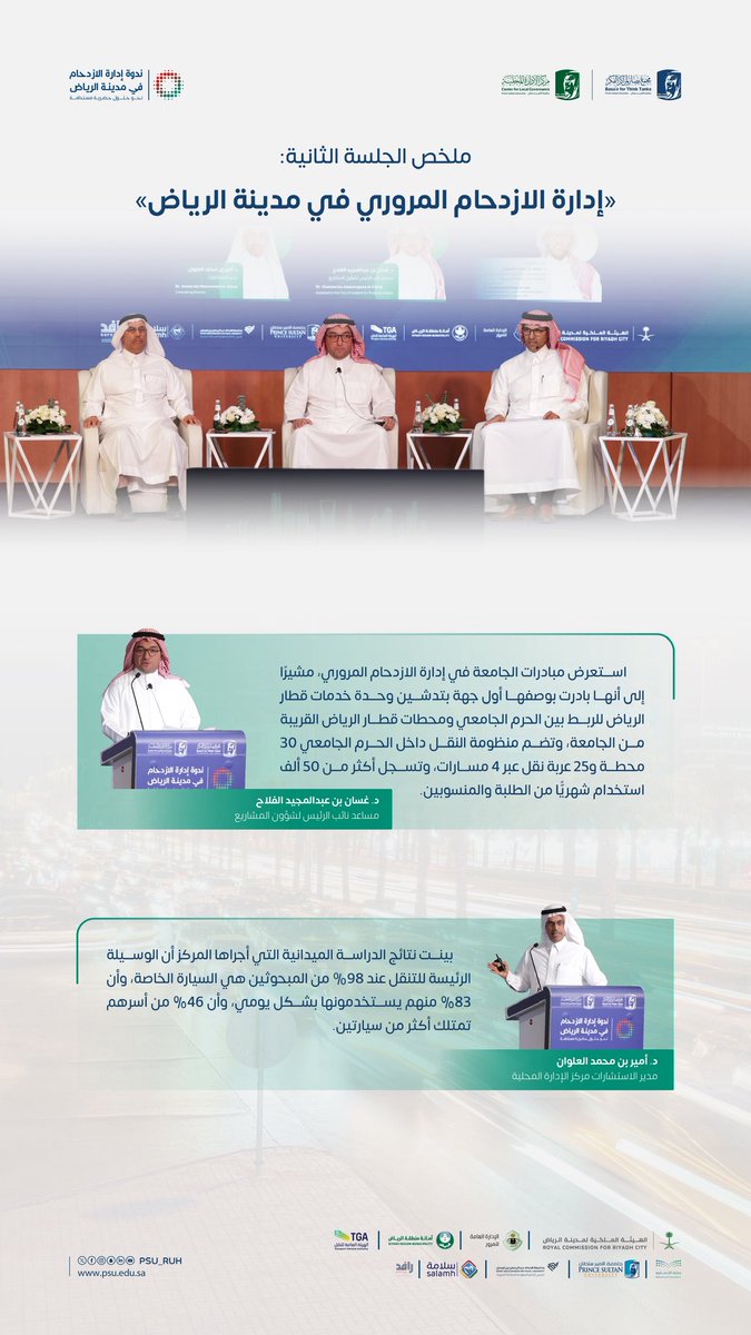 PSU_RUH's tweet photo. ملخّص الجلسة الثانية في ندوة "إدارة الازدحام بمدينة الرياض" التي نظّمتها #جامعة_الأمير_سلطان. https://t.co/qWt5n7mxHe