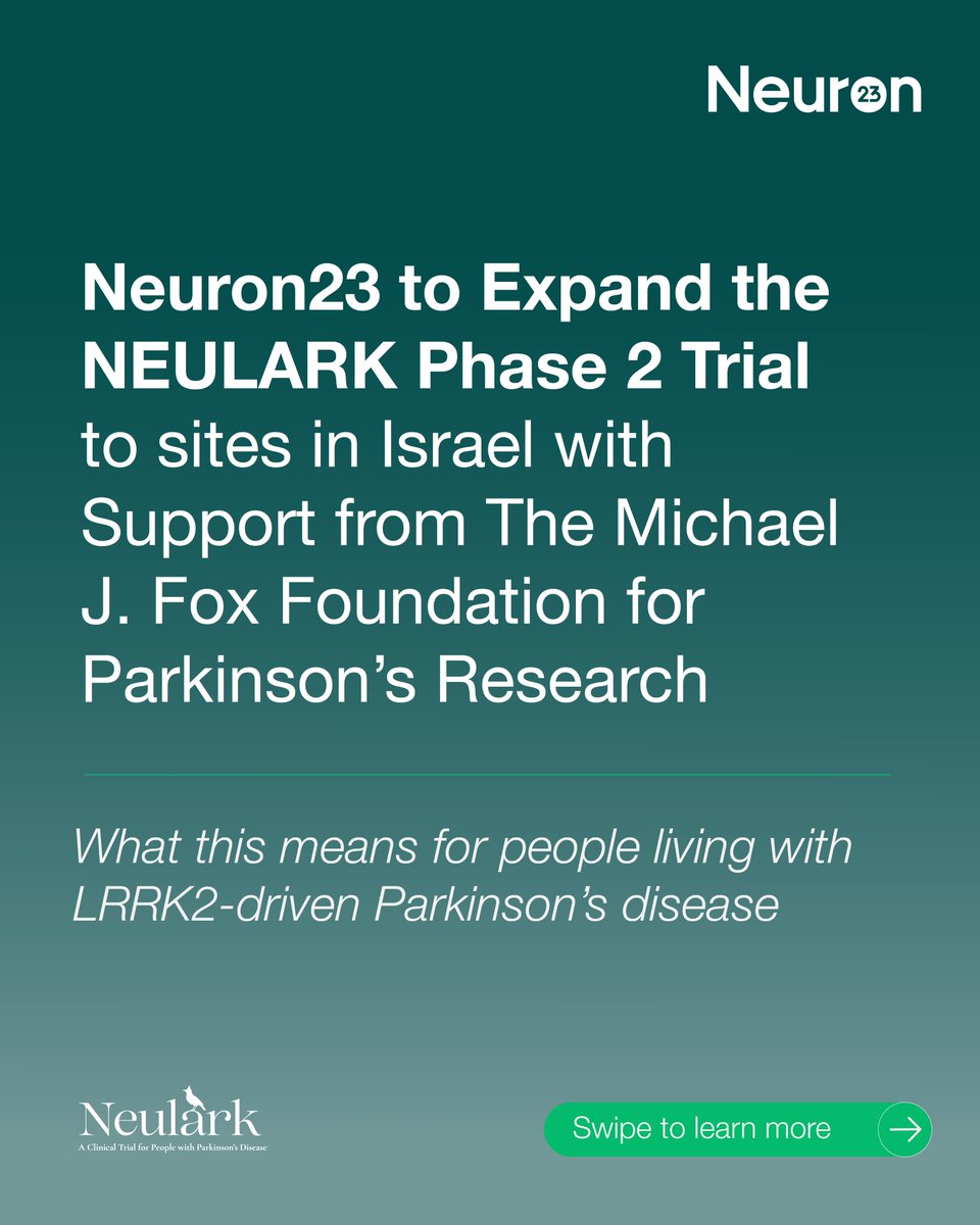 official_N23's tweet photo. Honored to receive a $2.5M grant from @MichaelJFoxOrg to expand our NEULARK Phase 2 trial of NEU-411 into Israel, bringing precision medicine closer to people with LRRK2-driven #Parkinsons.

Read more: https://t.co/oPaMfjn2We https://t.co/jE0GClpjOj