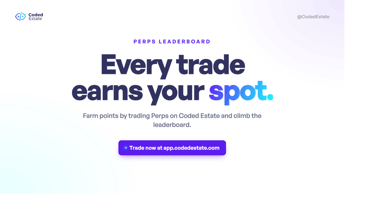 codedestate's tweet photo. The Perps Leaderboard is live on https://t.co/9m00pPSr8n

Every trade earns your spot.

Farm points by trading on Coded Estate and climb the
ranks. Every trade, every deposit, every referral is
compounding on-chain from day one.

If you've been around, you know what being early means.