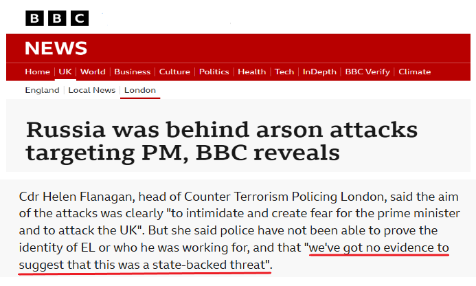 DonahueRogers's tweet photo. BBC headline: 
RUSSIA WAS BEHIND ARSON ATTACKS TARGETING PM,  BBC REVEALS

Punchline of the story:
Head of Counter Terrorism police says there is no evidence to suggest that the Russian state was involved

We are being played ... https://t.co/77AUNsq51V