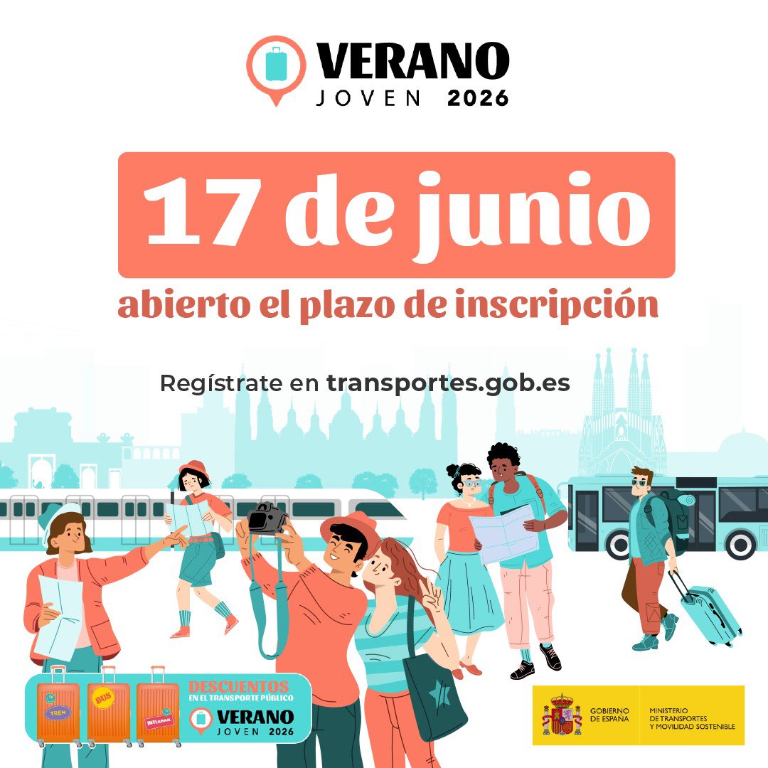 Renfe's tweet photo. ¿Tienes entre 18 y 30 años? 🚄🌞 Este verano viaja más por menos con #VeranoJoven: hasta 90% en Media Distancia, 50% en AVE/Avlo/Larga Distancia y ¡billetes gratis con Más Renfe cada 2 viajes!

👉 Pasos: 
🟣 Regístrate en la web del @transportesgob (al menos 24 horas antes de realizar la primera compra)
🟣 Recibe tu código e introdúcelo al comprar en https://t.co/Npf4UWZd77 ¡No te olvides de añadir tu tarjeta Más Renfe! Promoción válida hasta el 30/09. 

¡Tu próxima aventura empieza aquí! ⤵️
https://t.co/IcuFOcE0lq