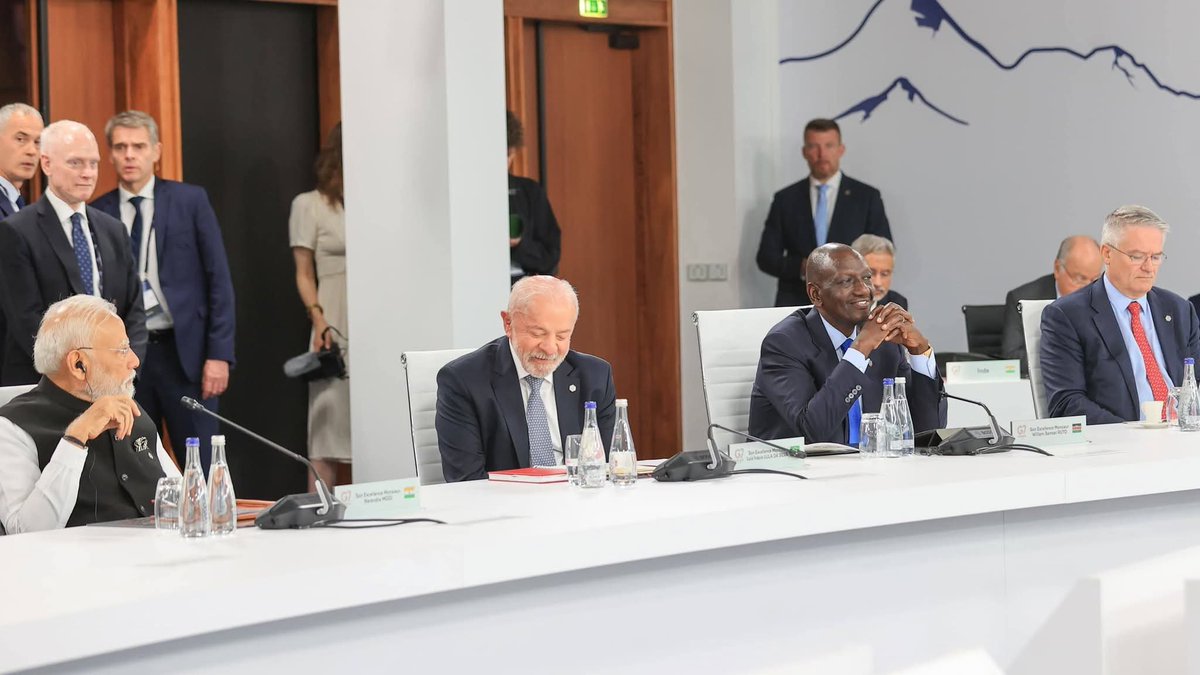 lawrencekitema's tweet photo. President William Ruto joined G7 leaders on the third and final day of the summit in Évian, France, on Wednesday. Pictured alongside him are French President Emmanuel Macron, U.S. President Donald Trump, Brazilian President Luiz Inácio Lula da Silva, British Prime Minister Keir Starmer, Canadian Prime Minister Mark Carney, Japanese Prime Minister Sanae Takaichi, Indian Prime Minister Narendra Modi, and European Council President António Costa.