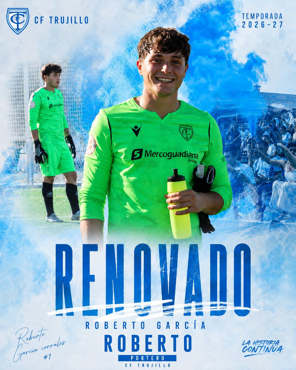 Trujillo_CF's tweet photo. 🚨 𝗥𝗘𝗡𝗢𝗩𝗔𝗖𝗜Ó𝗡 🚨

✅ OFICIAL | Roberto García renueva con el C.F. Trujillo para la temporada 2026/27.

🧤 Canterano, recién salido del Juvenil y con experiencia ya junto al Senior.

💪 Calidad y mucho futuro bajo los palos.

🩵¡¡AÚPA TRUJILLO!! 🩵 https://t.co/uKsJuxZXEP