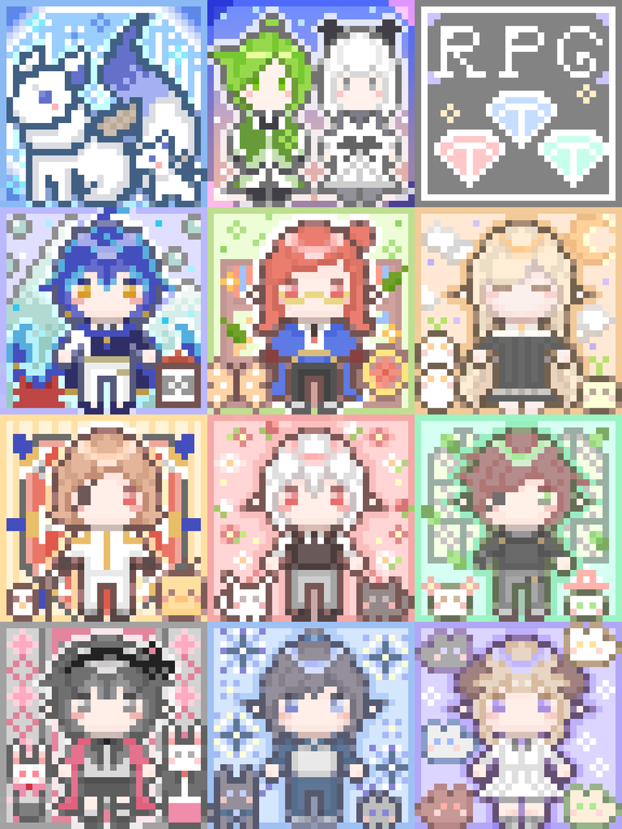 arcana_kikakufa's tweet photo. ミネアカのシナリオ企画「アビス・ビブリオ」のお礼ドット絵、完成です💎

ご一緒させて頂いたAチームのメンバーさんとシナリオに登場された、リリィシアさん、クラウスさん、いのちちゃんに登場いただきました！

パネルとミニキャラ、集合絵、等々ご用意���たのでお好きなものをどうぞ！

#ミネアカ https://t.co/bKWQ45Vdo6