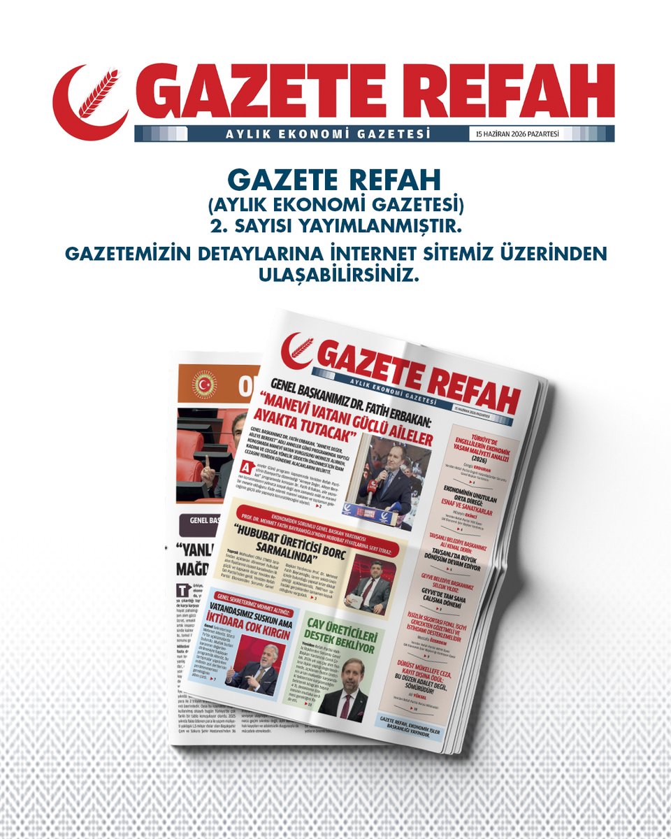 rprefahpartisi's tweet photo. Gazete Refah (Aylık Ekonomi Gazetesi) 2. sayısı yayımlanmıştır. Yayının detaylarına aşağıdaki linkten ulaşabilirsiniz.
https://t.co/2DIHdIh5bM https://t.co/e0Y7z7pKxq