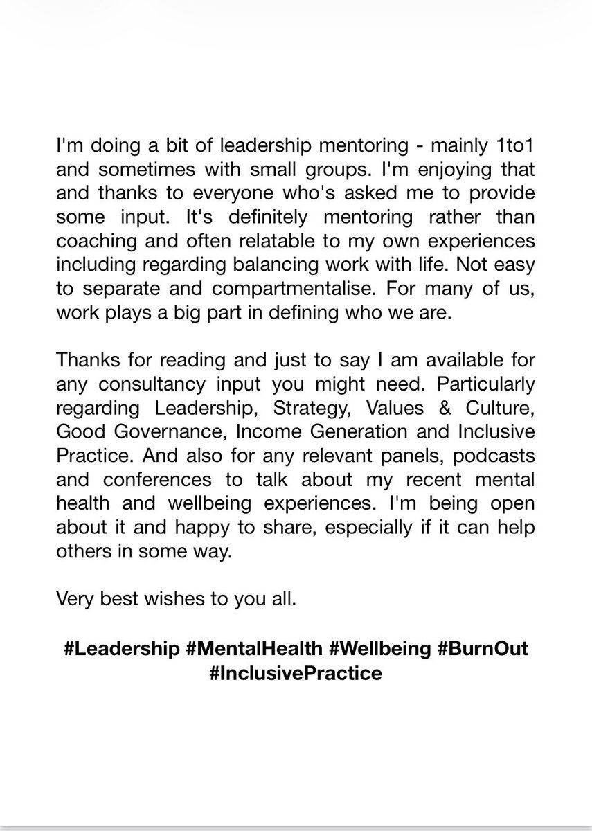 mattgriff1968's tweet photo. Some thoughts from me, just over 6 months since leaving the wonderful @YouthMusic ❤️

#Leadership #MentalHealth #Wellbeing #BurnOut #InclusivePractice https://t.co/hYibeBlnD1