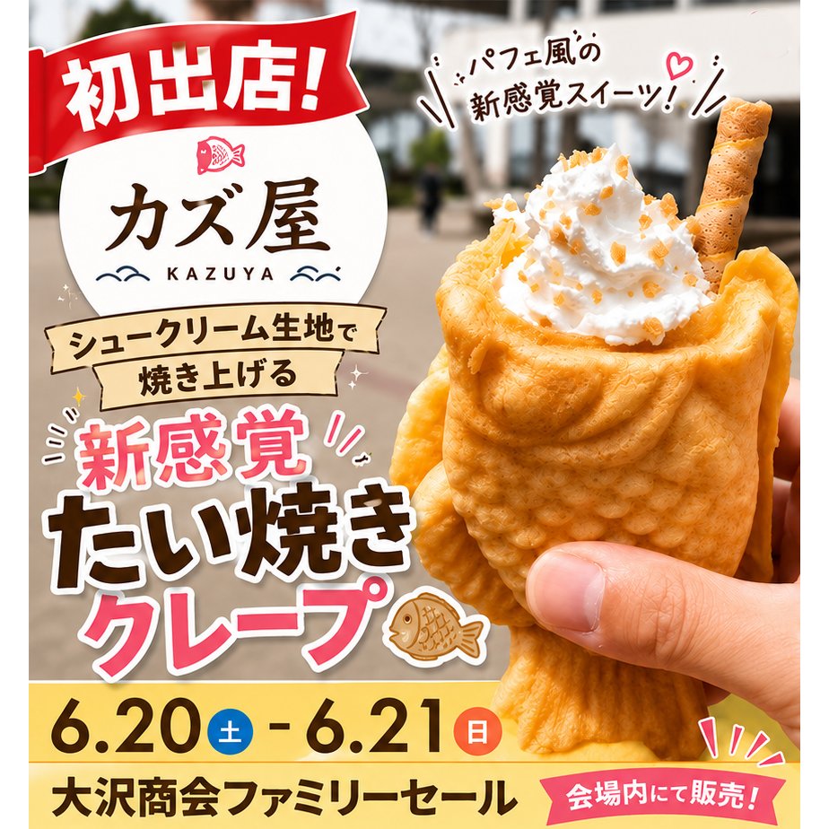 OSAWAONLINE's tweet photo. たい焼きなのに、まるでパフェ！？

話題の「カズ屋」が大沢商会ファミリーセールに初出店🐟✨

シュークリーム生地で焼き上げた新感覚たい焼きクレープは、外はサクッ、中はクリームたっぷり😋

📅6/20(土)・21(日)
📍大沢商会ファミリーセール会場内
#大沢商会ファミリーセール
#カズ屋
#たい焼きクレープ