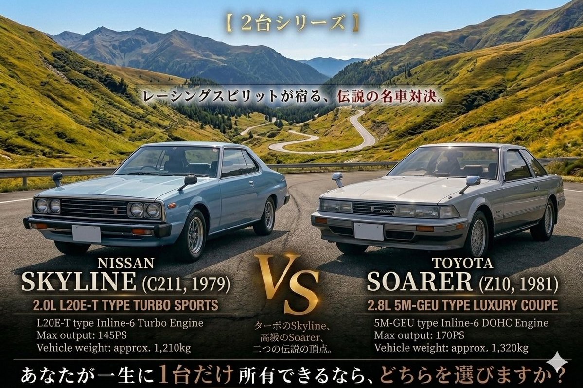 midnight_z2's tweet photo. まさに伝説の対決🔥
峠を攻めるなら、ターボの切れ味「ジャパン」か、それとも大人の余裕「ソアラ」か。
スペック、デザイン、そしてロマン…すべてが魅力的すぎる！
あなたが一生に1台だけ選ぶとしたら、どちらですか？
理由もぜひリプで教えてください！👇
#スカイライン #ソアラ #旧車 #車好きと繋がりたい #C211 #Z10