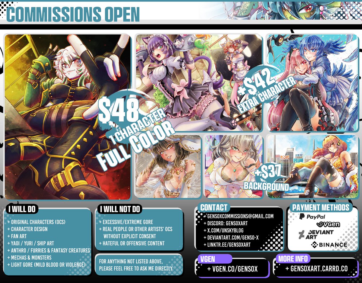 unskyblog's tweet photo. ✨ COMMISSIONS OPEN ✨ 

 Full info &amp; Prices: https://t.co/YYbW25KKuy 

Contact [ESP/ENG]: ▶️Gensoxcommissions@gmail.com  
▶️Discord: gensoxart  
▶️DM

Support &amp; Shop: 
💚 Vgen: https://t.co/KsnhSGJoKq
🧡 Patreon: https://t.co/iUXybH5pkF https://t.co/qmnYRrQZF1