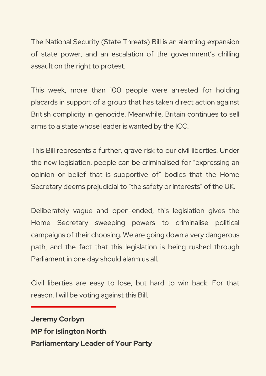 jeremycorbyn's tweet photo. The National Security (State Threats) Bill is an alarming expansion of state power, and an escalation of the government's chilling assault on the right to protest. https://t.co/3izNLrvTL5