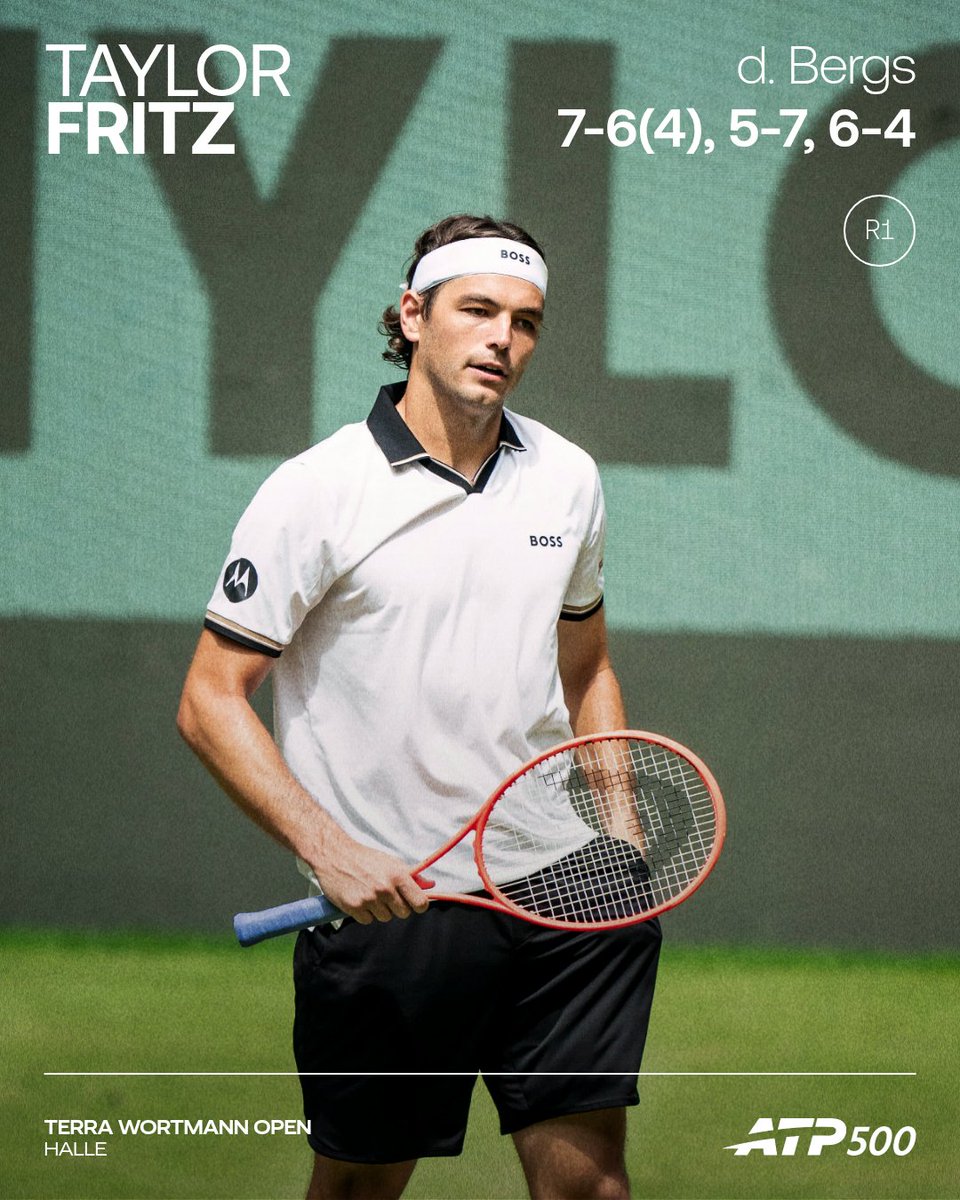 atptour's tweet photo. All GRIT. 🦾

@Taylor_Fritz97 overcomes Bergs to record his 50th tour-level grass court win. 

@ATPHalle | #TWO26 https://t.co/wSrlCifX7f