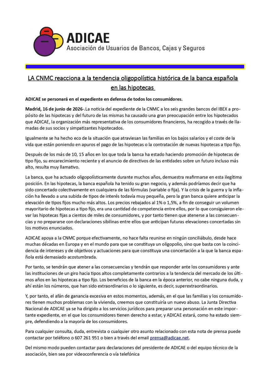ADICAECANARIAS's tweet photo. LA CNMC reacciona a la tendencia oligopolística histórica de la banca española en las hipotecas.

Además las declaraciones de audio del Presidente de ADICAE D. Manuel Pardos sobre el expediente abierto por la CNMC a seis bancos españoles. https://t.co/YvfTXU6WCa