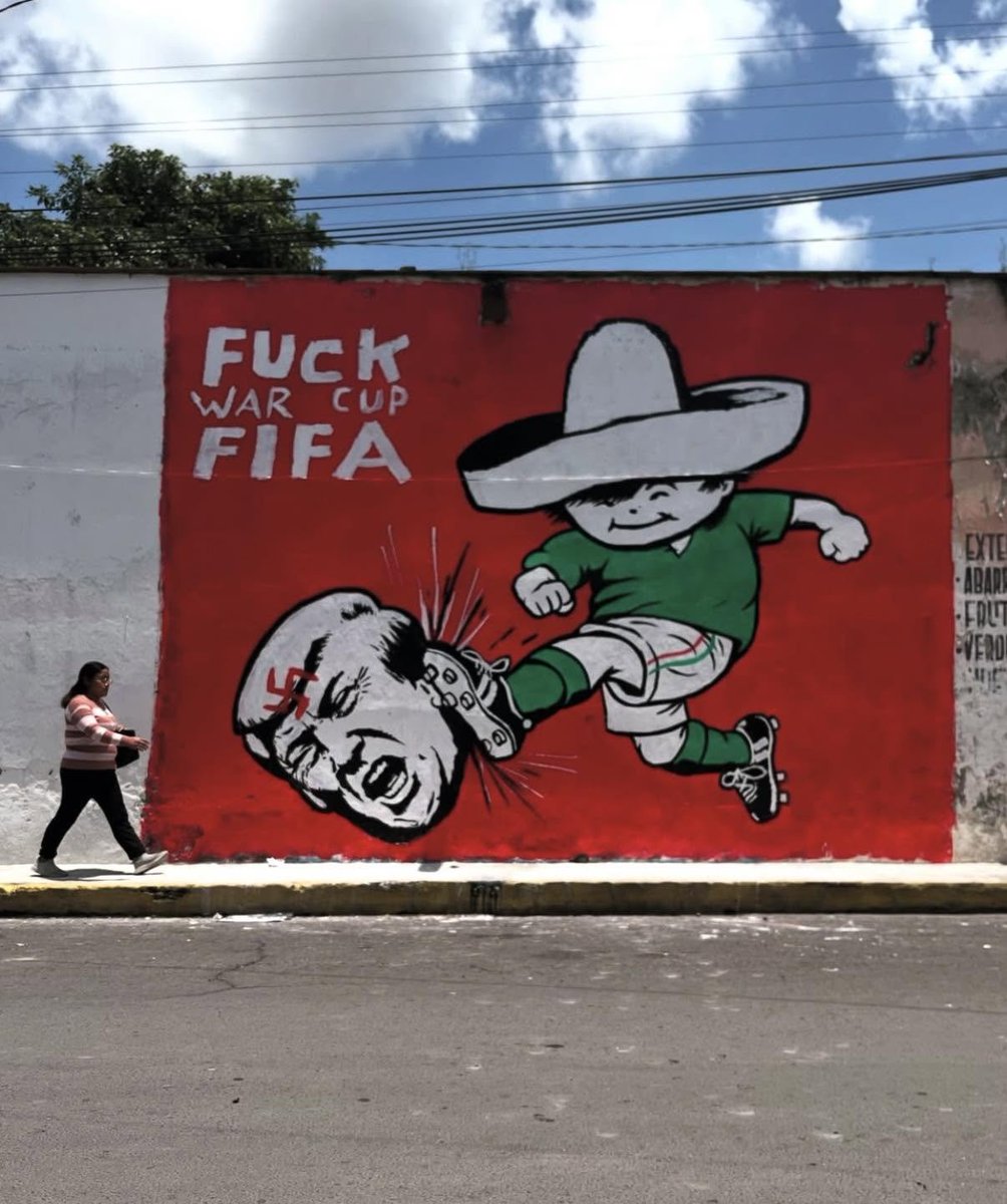 ultras_antifaa's tweet photo. Mural against Trump and the #2026WorldCup spotted in San Andrés Cholula, Mexico. https://t.co/Cu9q0vObIl