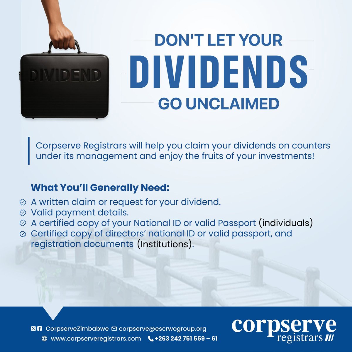 CorpserveZim's tweet photo. Claim what you’ve earned.

If you hold shares under our management, ensure your details are up to date to receive your dividends. Contact us today to start your claim process. https://t.co/ezew974O5z