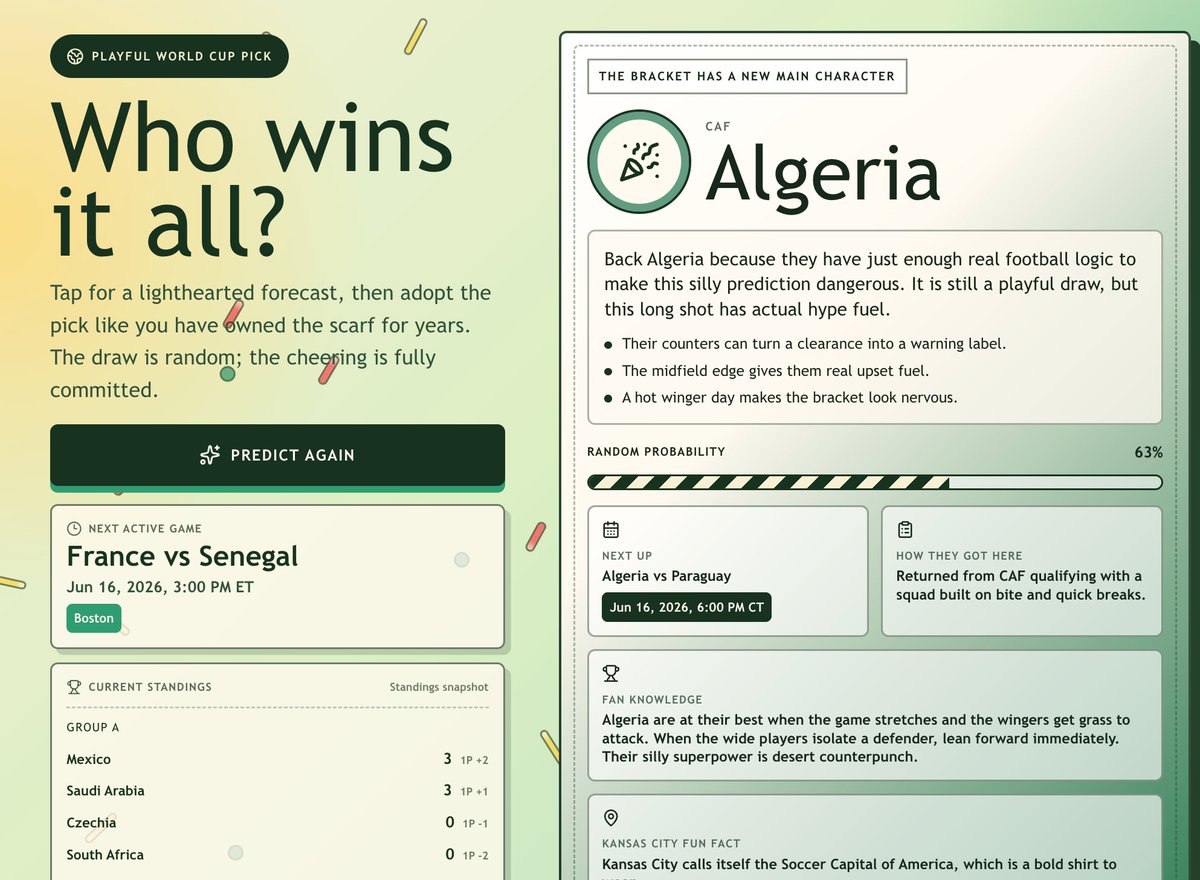 Split-screen web app interface titled “Playful World Cup Pick.” The left panel asks “Who wins it all?” and explains that the prediction is a lighthearted, random forecast meant for fun. A large “Predict Again” button appears below, followed by a card showing the next active match, France vs. Senegal on June 16, 2026, in Boston. A standings table for Group A is partially visible beneath it. The design uses soft green gradients, rounded cards, and scattered confetti-like decorations.