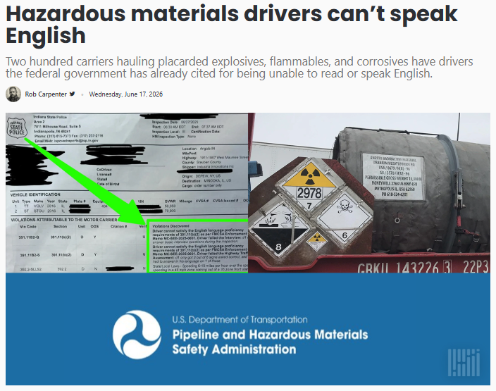 RobCarpenter's tweet photo. Two hundred carriers hauling placarded explosives, flammables, and corrosives have drivers the federal government has already cited for being unable to read or speak English. @FreightWaves 
https://t.co/pJncSot1Rl https://t.co/thvwWs9IIv