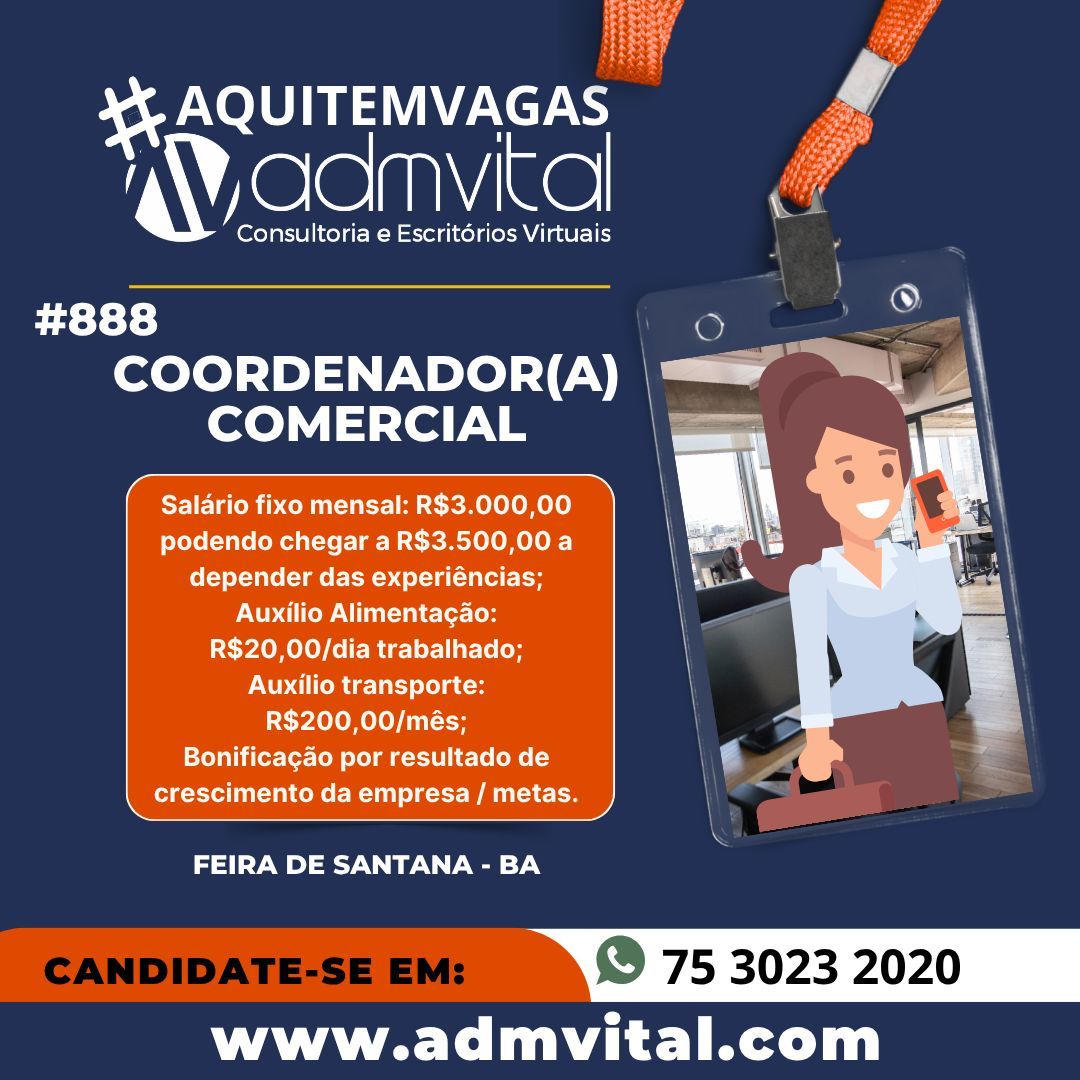 _Admvital's tweet photo. 🚀 Oportunidade: Coordenador(a) Comercial #888
Feira de Santana - BA 💼
🔹 Abertura: 16/06/2026
Inscreva-se agora:
👉 https://t.co/xK41U6Y7TP
📲 Dúvidas: (75) 3023-2020 (WhatsApp)
🌐 Mais vagas: https://t.co/pdUSKJQ9JU
⚠️ Atenção: Apenas inscrições feitas diretamente no site. https://t.co/1wnDdAwLWu