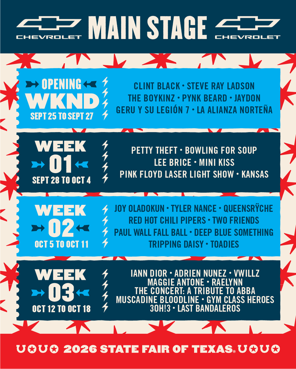 StateFairOfTX's tweet photo. The 2026 @Chevrolet Main Stage lineup is HERE! 🎡🎶  Get ready for an unforgettable concert series featuring incredible live performances all Fair long. The best part? Every show is FREE with your Fair admission! 🙌

See the lineup here: https://t.co/DDQz0UBzpe https://t.co/fYmdlQ20rx