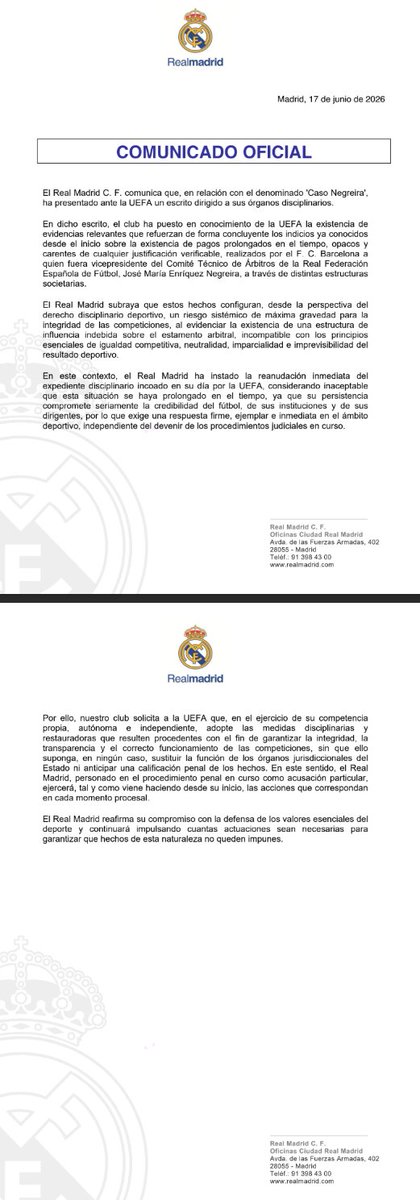 JosePadi_'s tweet photo. 🚨 El Real Madrid acaba de presentar un escrito a la UEFA por el Caso Negreira. Denuncia:

-Riesgo sistémico de máxima gravedad para la
integridad de las competiciones.

- Exige una respuesta firme, ejemplar e inmediata en el ámbito deportivo.

- Exige medidas disciplinarias. https://t.co/o92odgU2wz